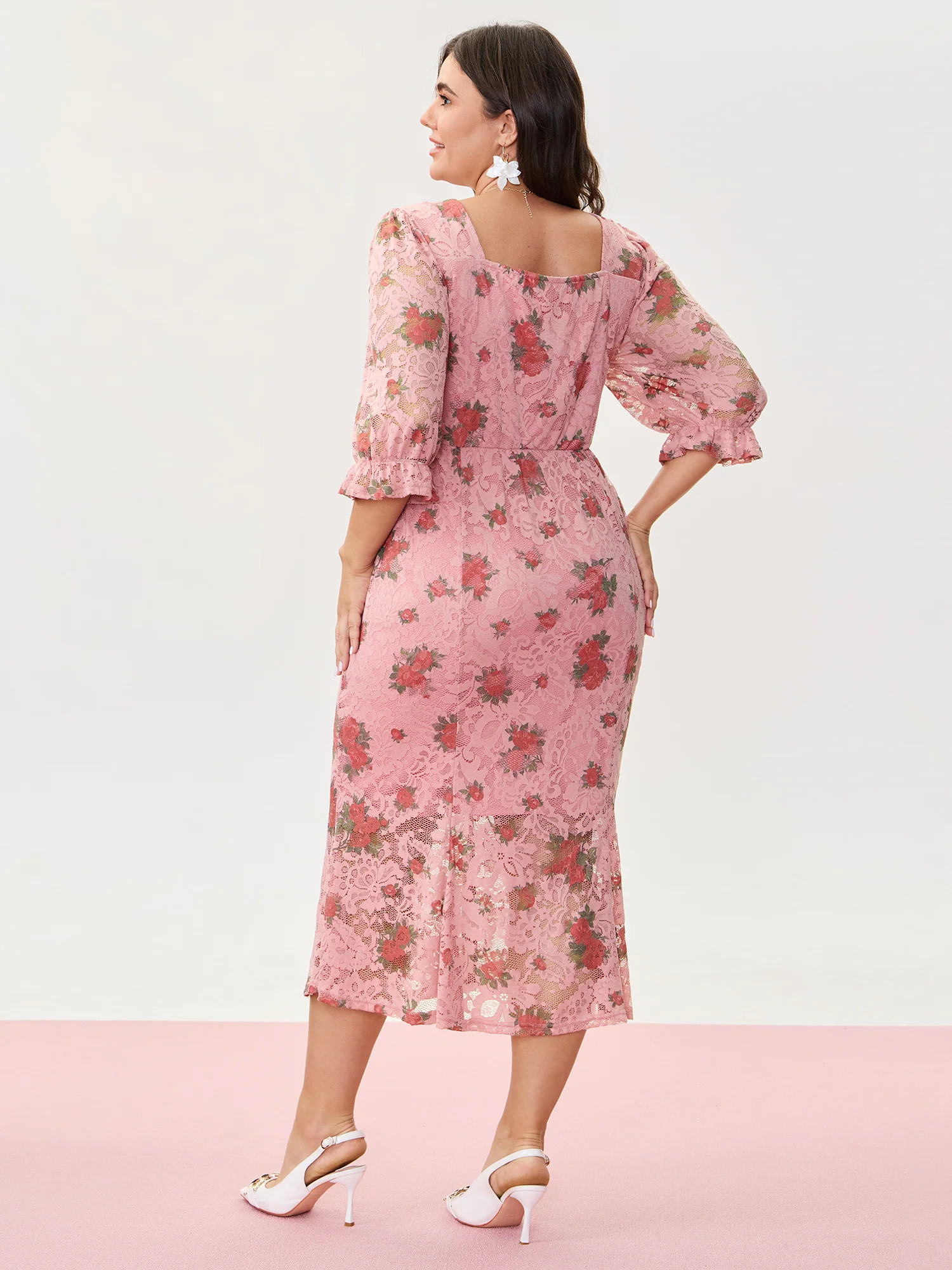 Romantic Lace Print Pockets Midi Dress - Image 4