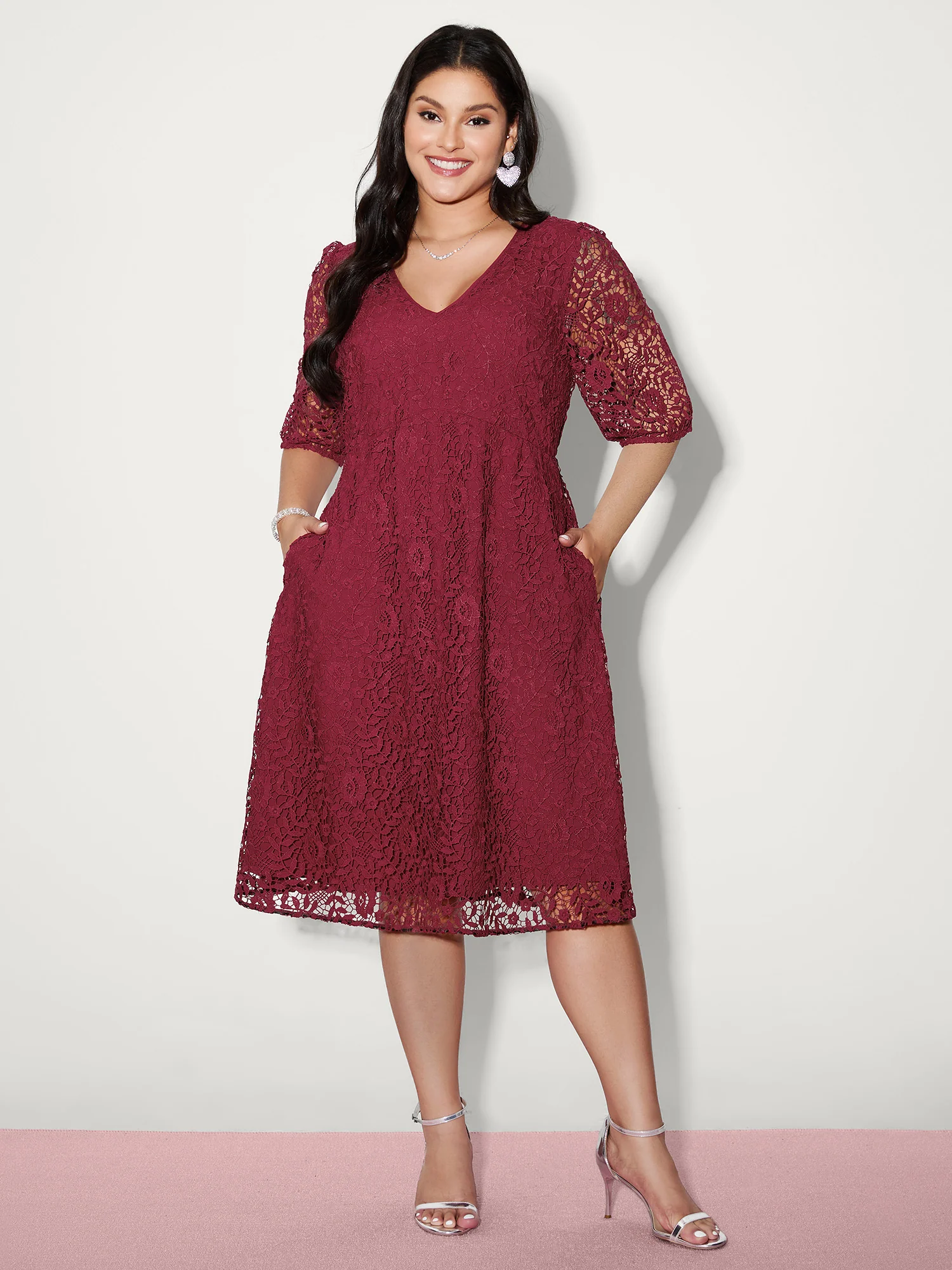 Romantic Lace Trim Puff Sleeve Midi Dress - Image 2