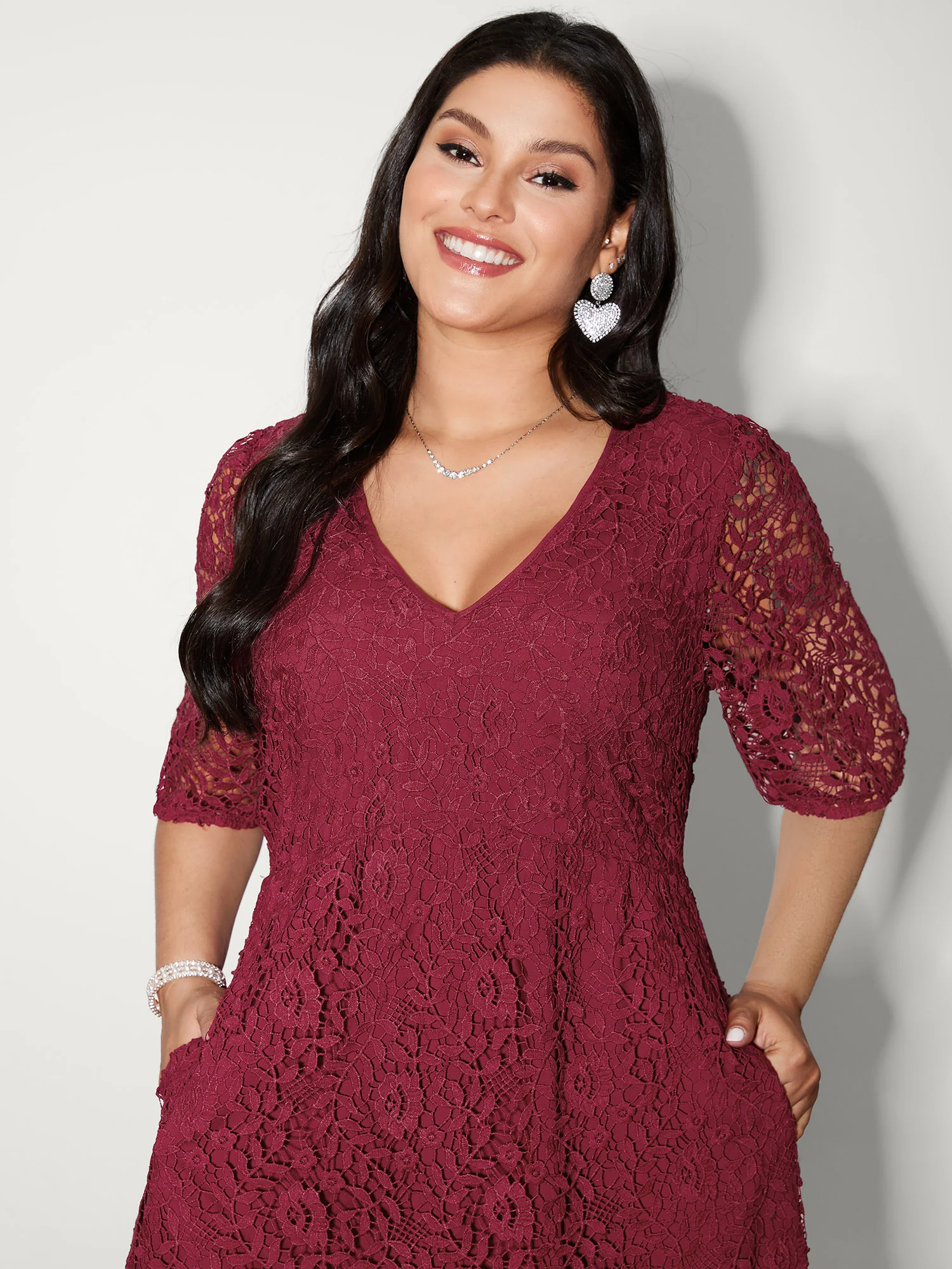 Romantic Lace Trim Puff Sleeve Midi Dress - Image 3