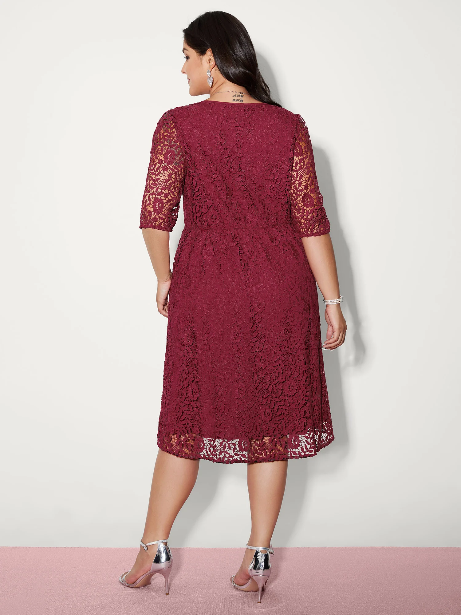 Romantic Lace Trim Puff Sleeve Midi Dress - Image 5