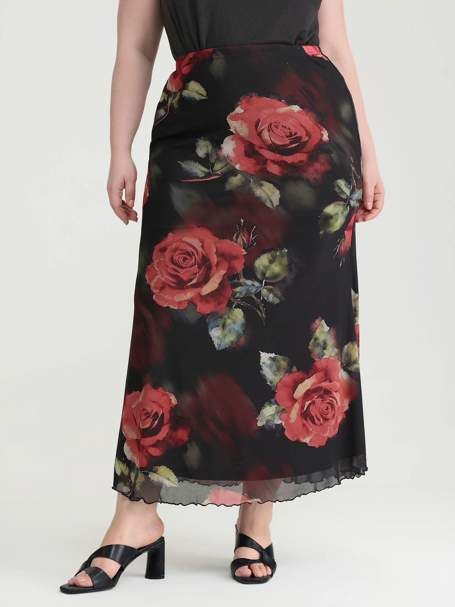 Romantic Rose Print Elastic Mesh Maxi Skirt - Image 2