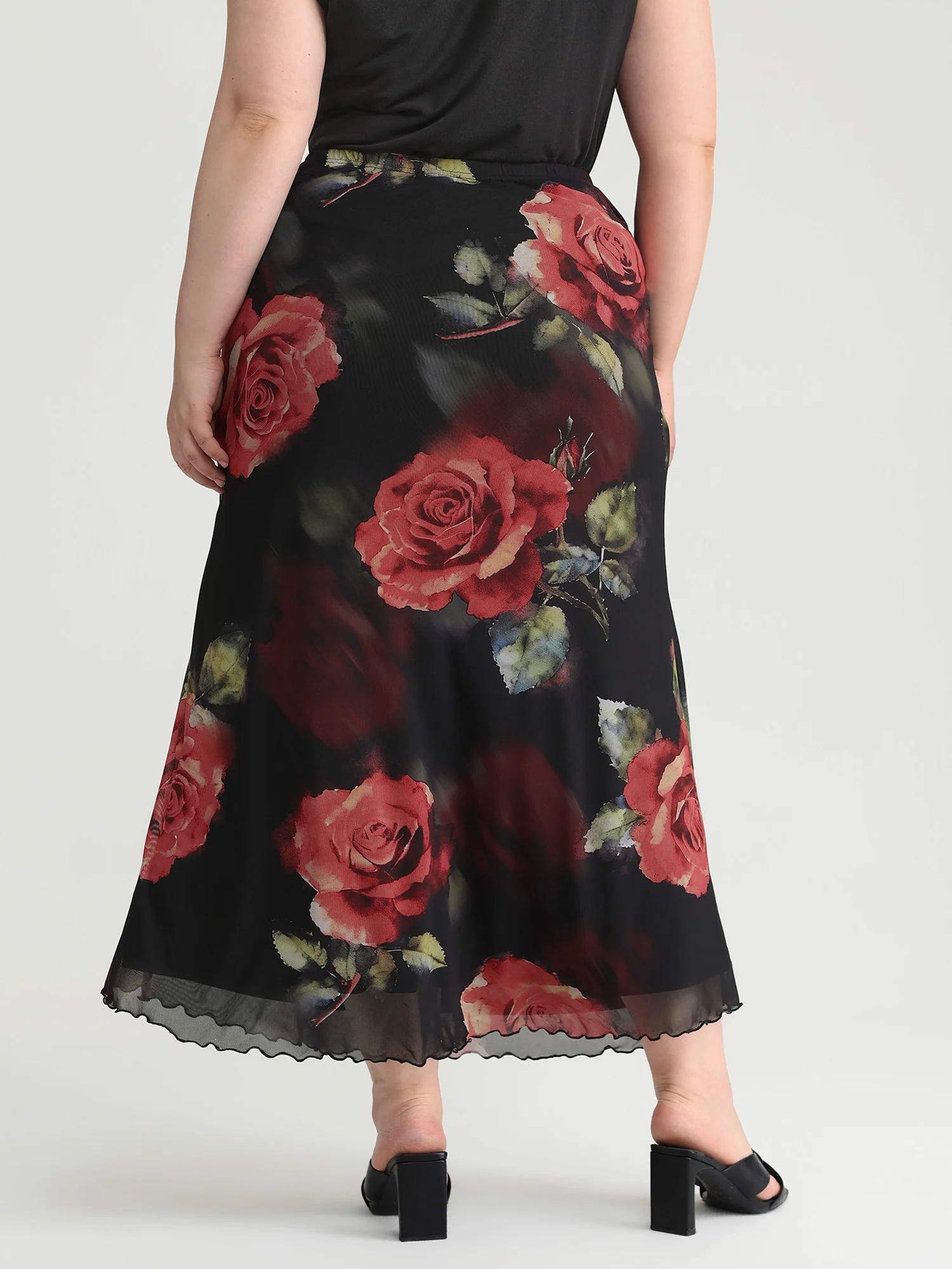 Romantic Rose Print Elastic Mesh Maxi Skirt - Image 4