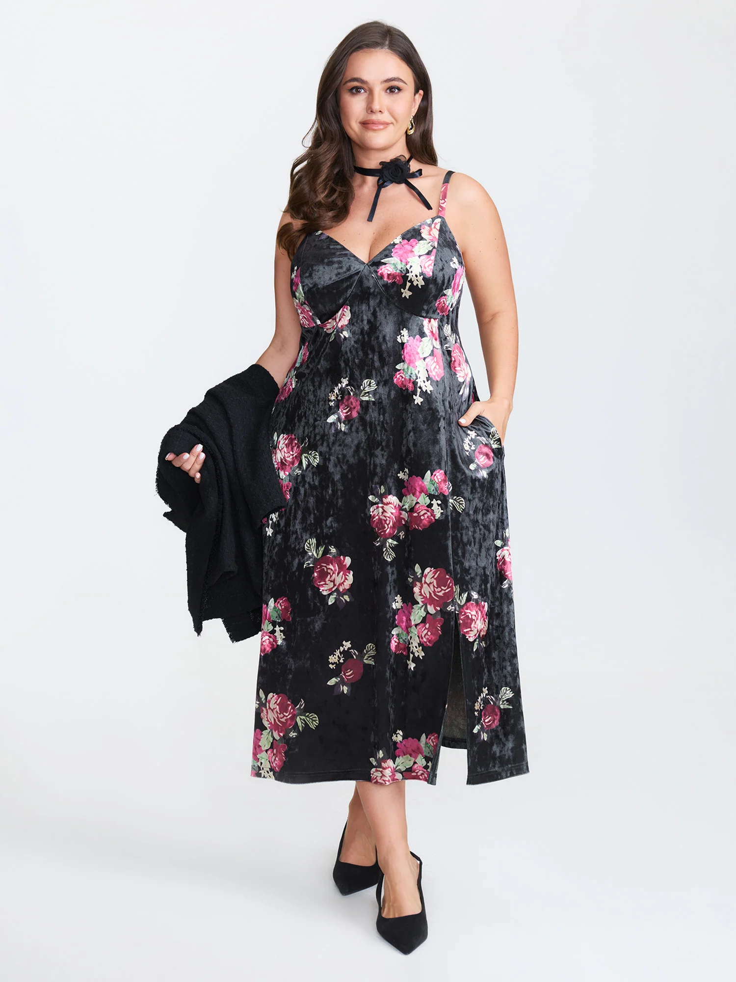 Romantic Rose Velvet Pockets Midi Dress - Image 3
