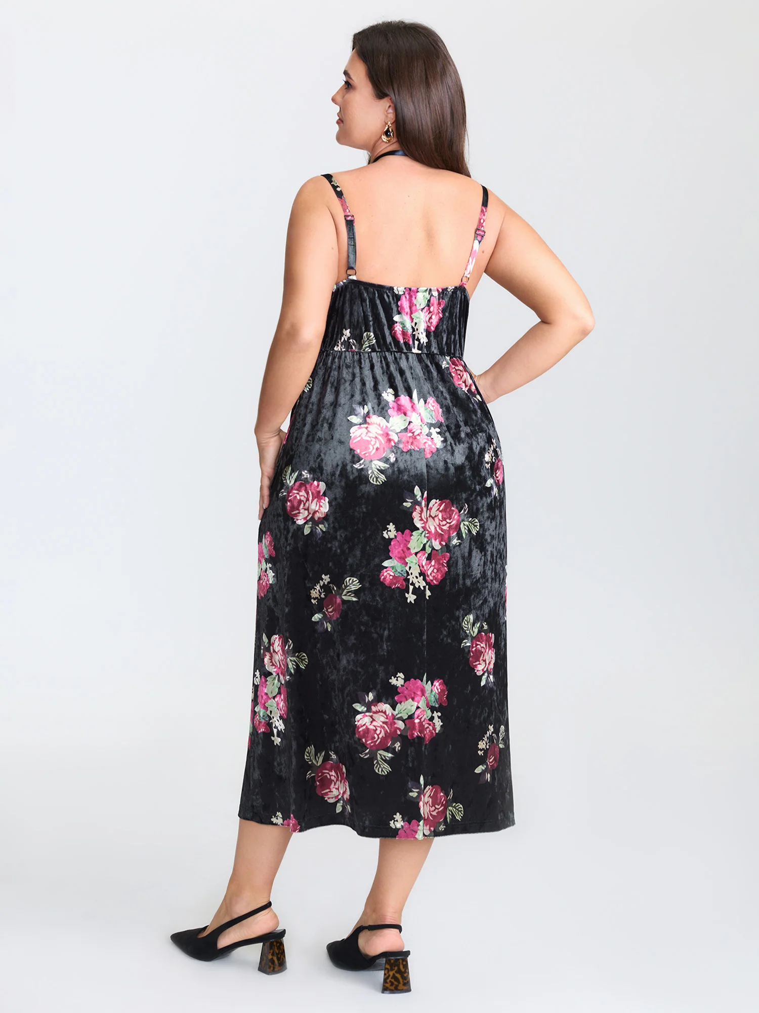Romantic Rose Velvet Pockets Midi Dress - Image 4