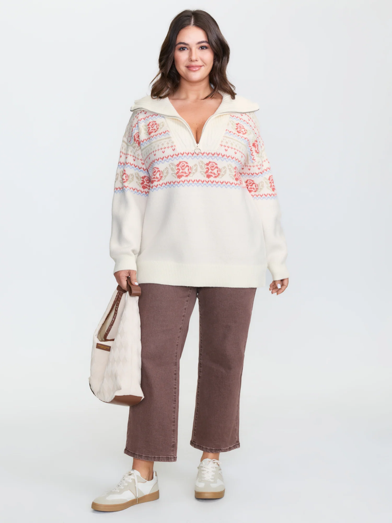 Rose Fair-Isle Pattern Jacquard Zipper Pullover - Image 3