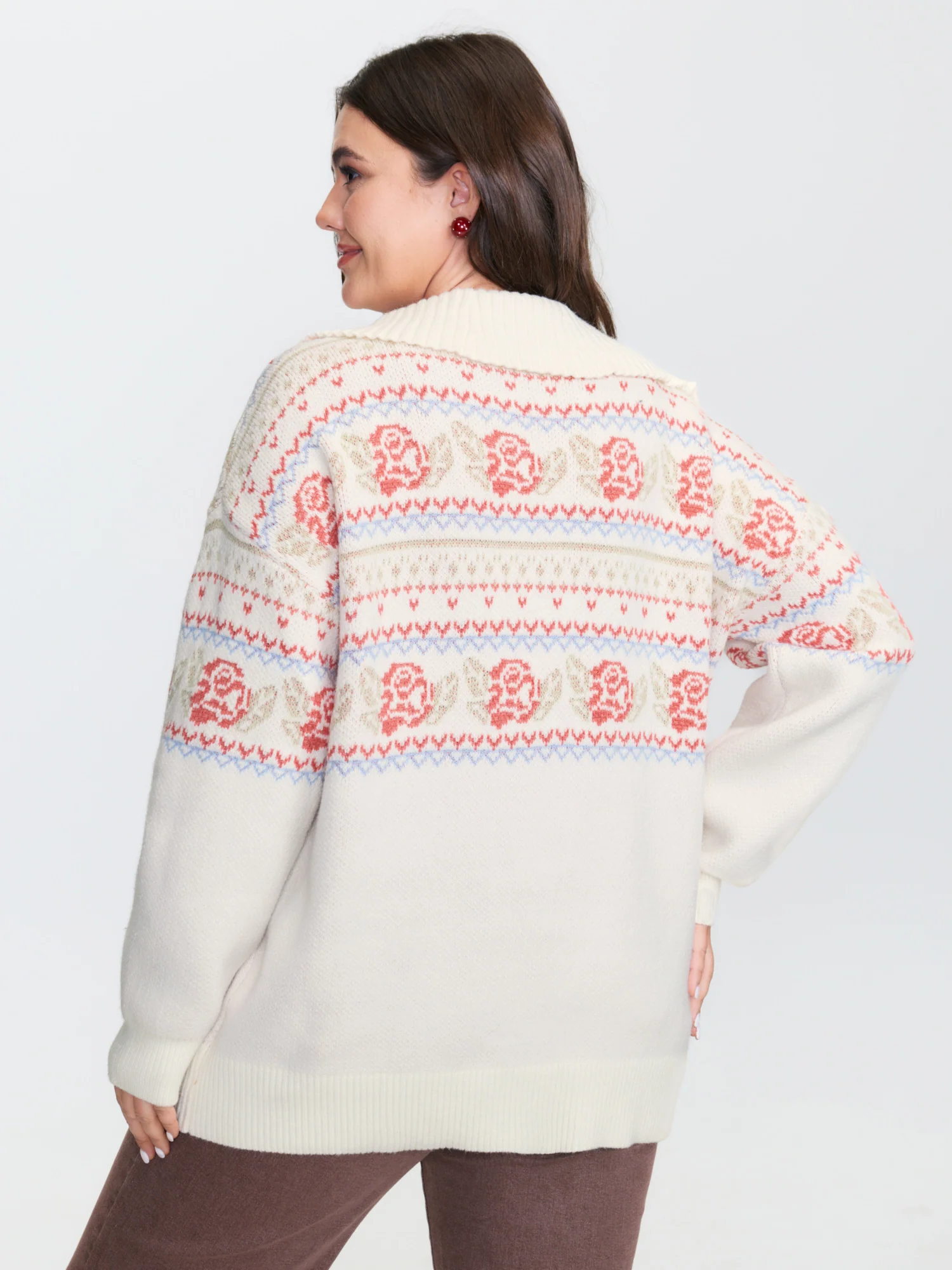 Rose Fair-Isle Pattern Jacquard Zipper Pullover - Image 4