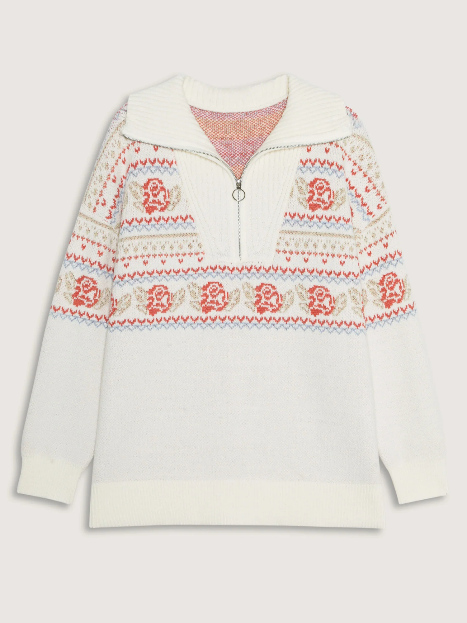 Rose Fair-Isle Pattern Jacquard Zipper Pullover - Image 7