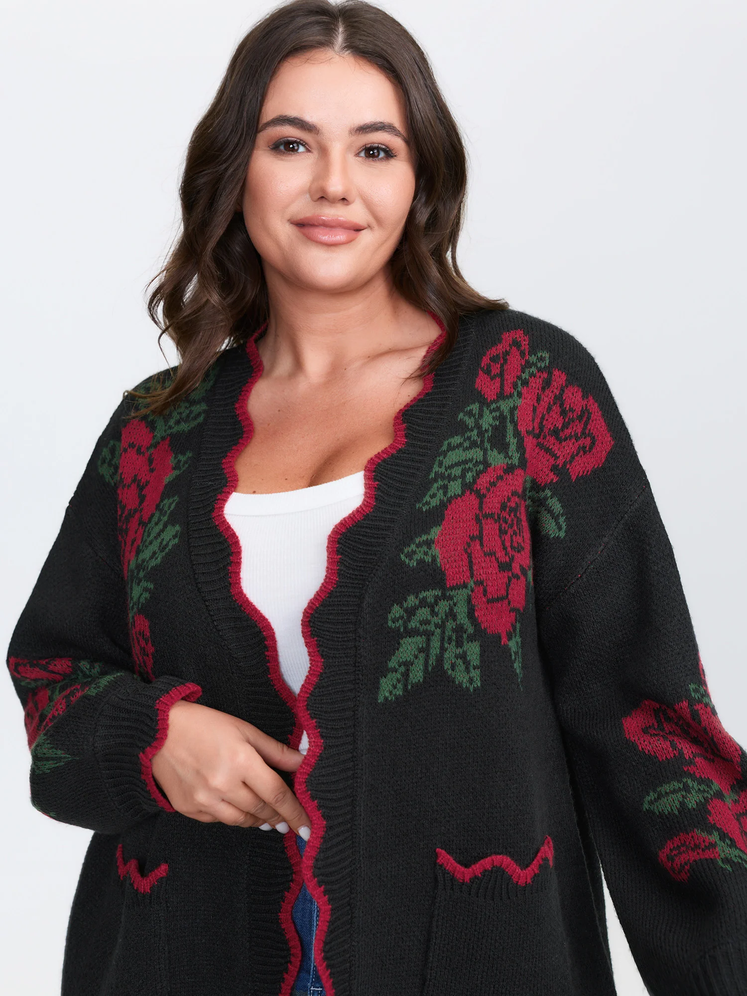 Rose Pattern Jacquard Color Contrast Knit Cardigan - Image 2