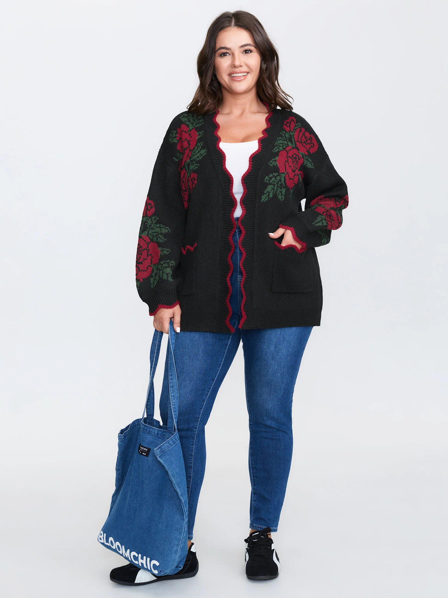 Rose Pattern Jacquard Color Contrast Knit Cardigan - Image 3