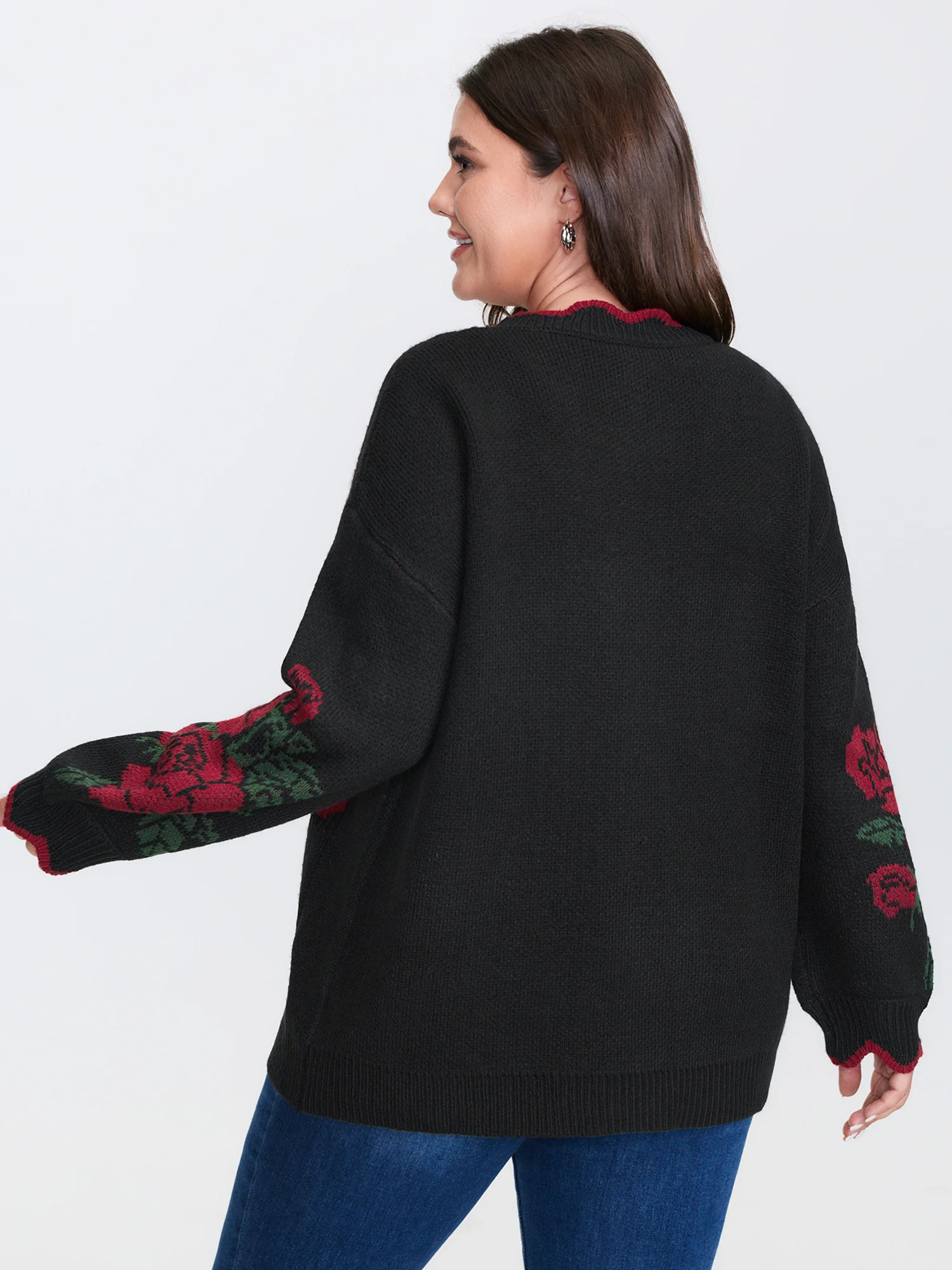 Rose Pattern Jacquard Color Contrast Knit Cardigan - Image 4