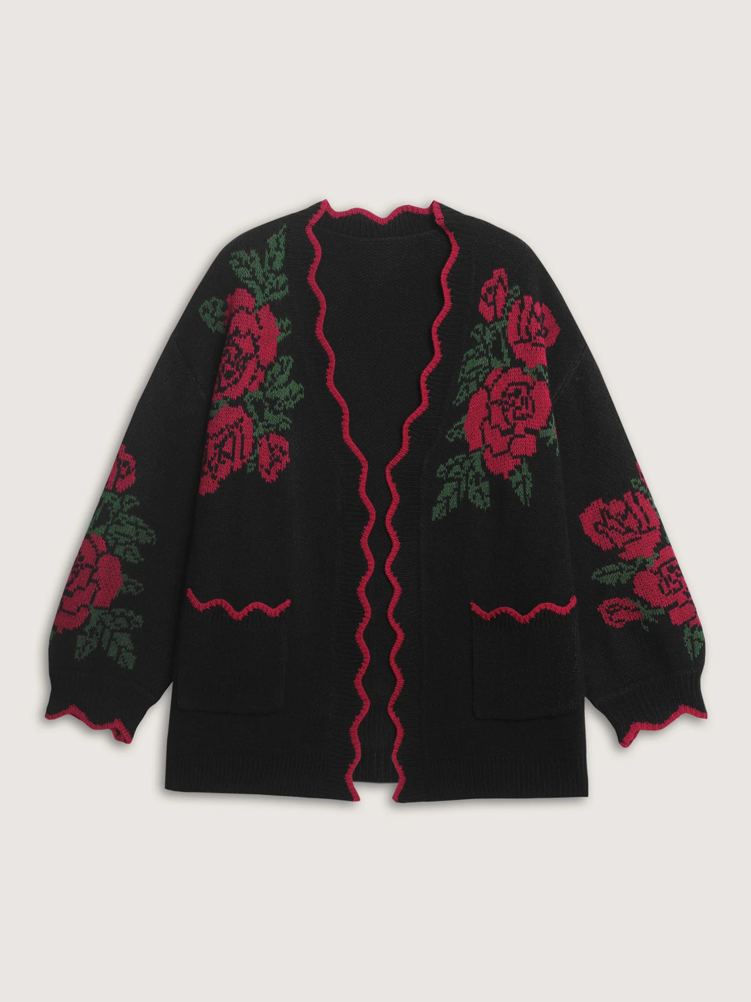 Rose Pattern Jacquard Color Contrast Knit Cardigan - Image 8