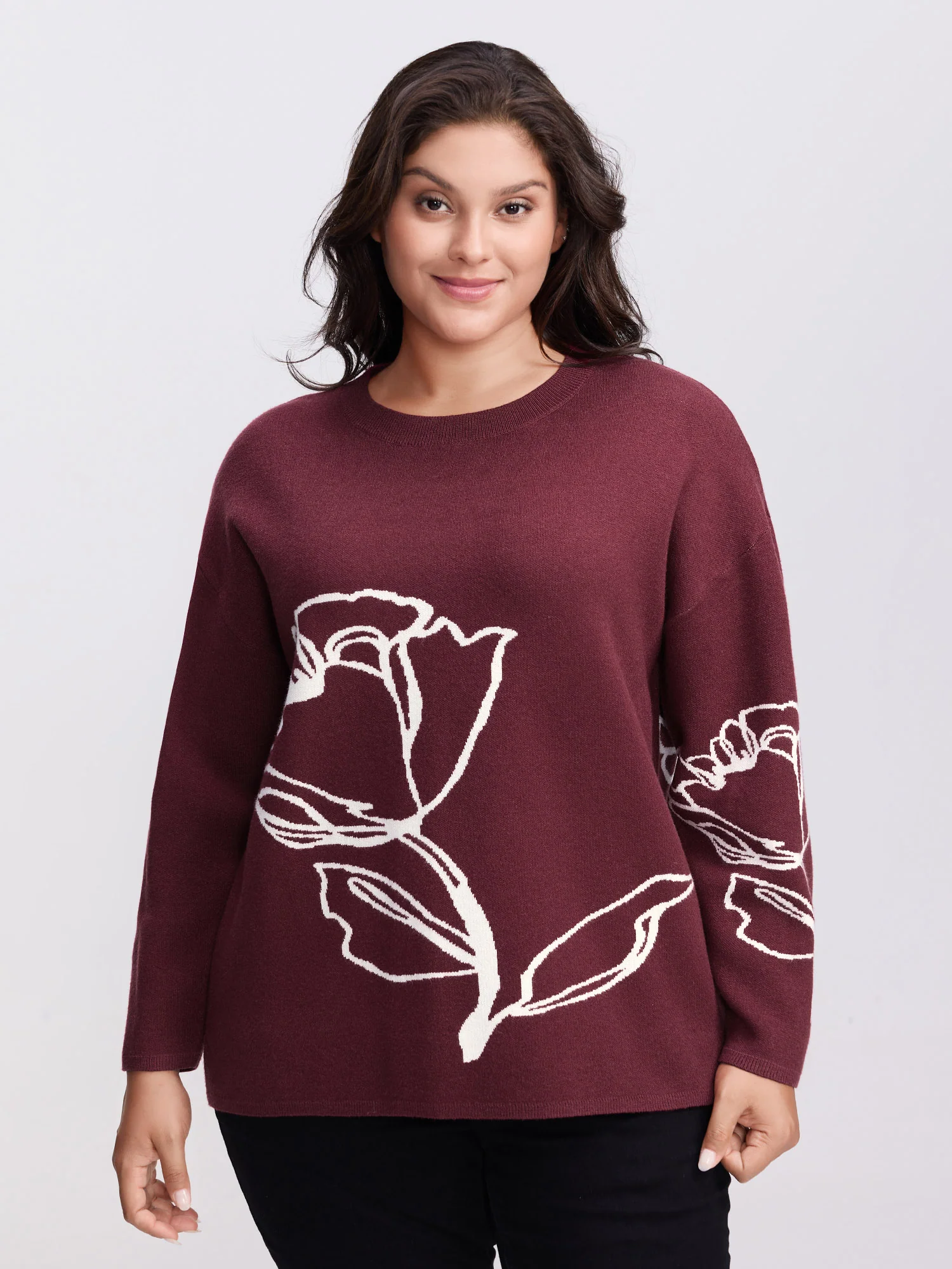 Rose Pattern Jacquard Round Neck Pullover - Image 2