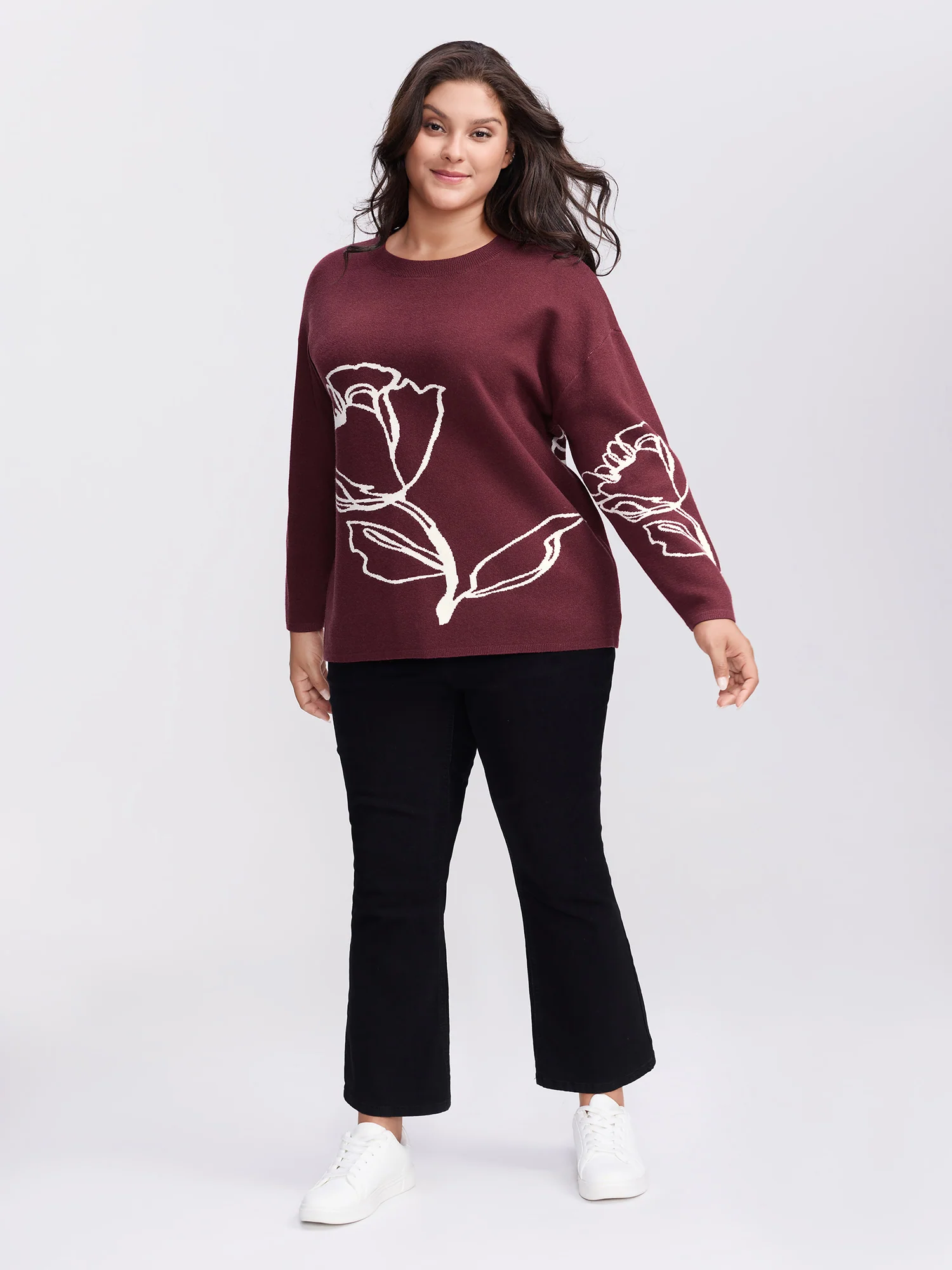 Rose Pattern Jacquard Round Neck Pullover - Image 3