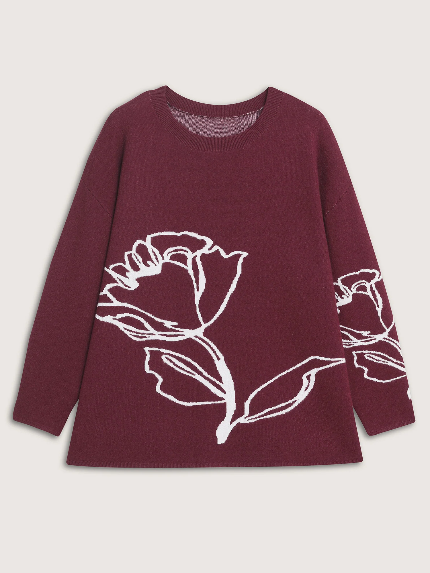 Rose Pattern Jacquard Round Neck Pullover - Image 5
