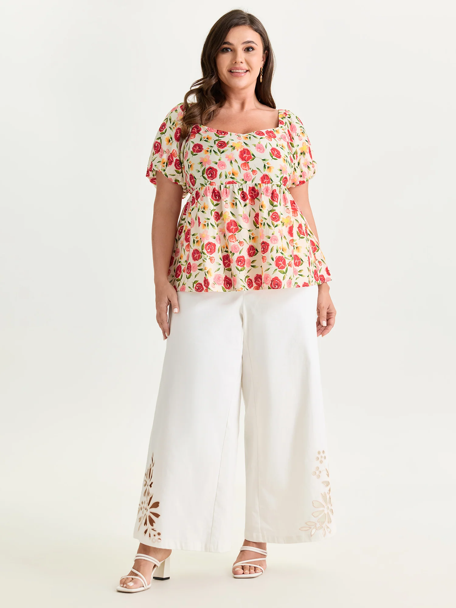 Rose Print Bubble Sleeve Babydoll Blouse - Image 3