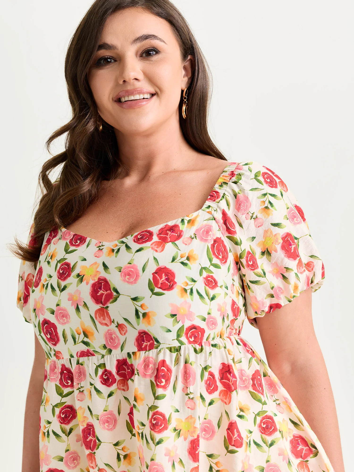 Rose Print Bubble Sleeve Babydoll Blouse - Image 4