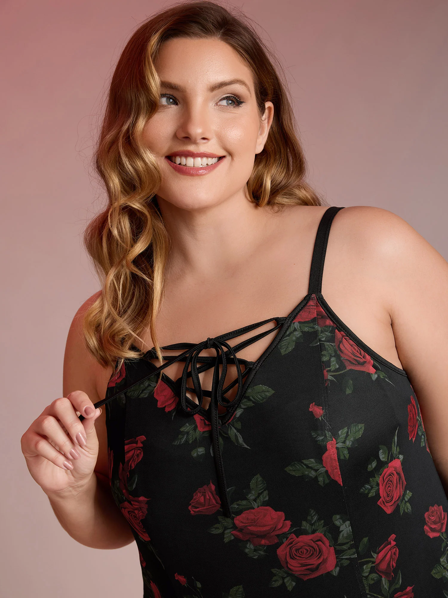 Midnight Rose Print Neck-Ties Cami Nightgown - Image 2