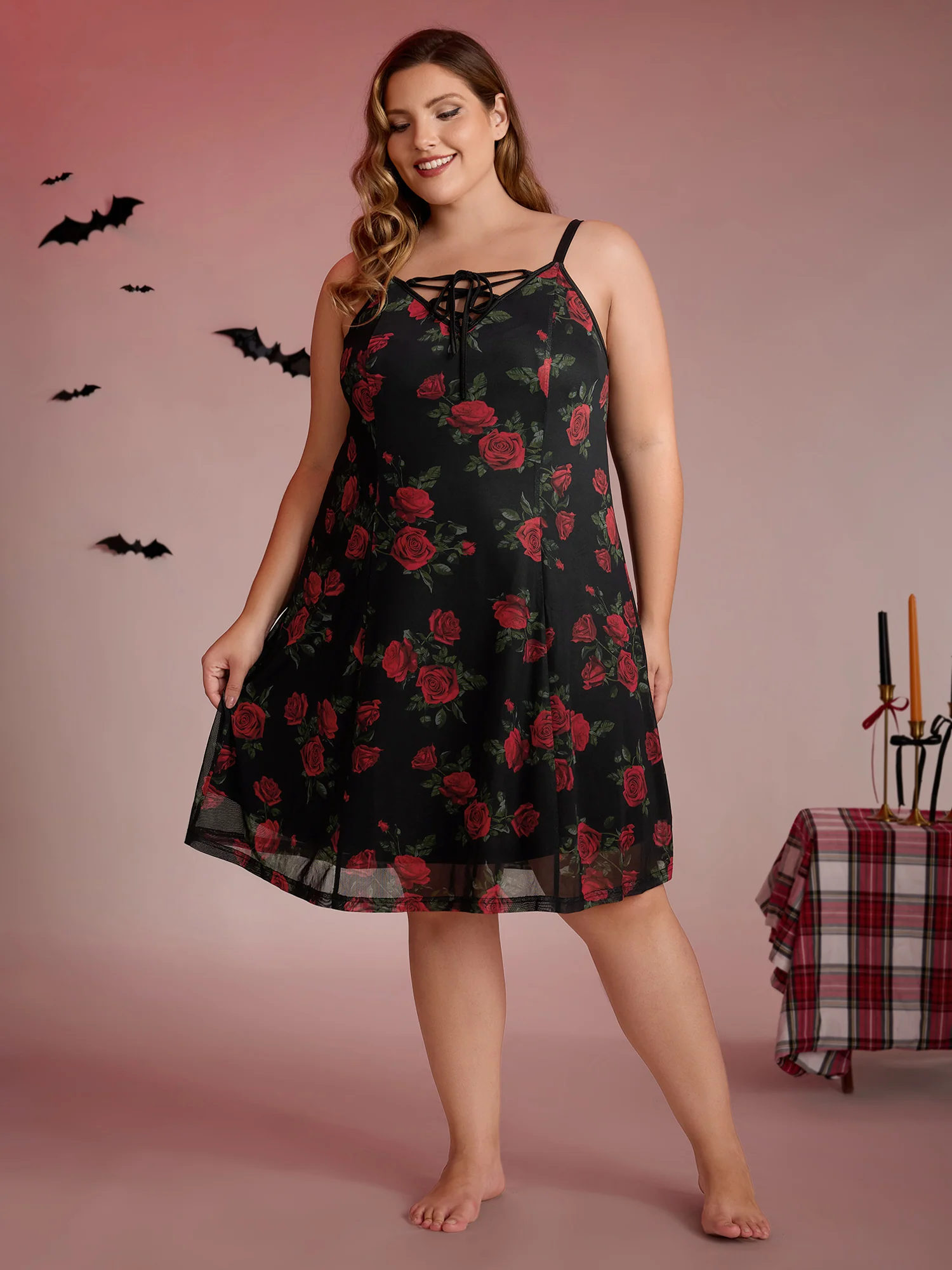 Midnight Rose Print Neck-Ties Cami Nightgown - Image 3