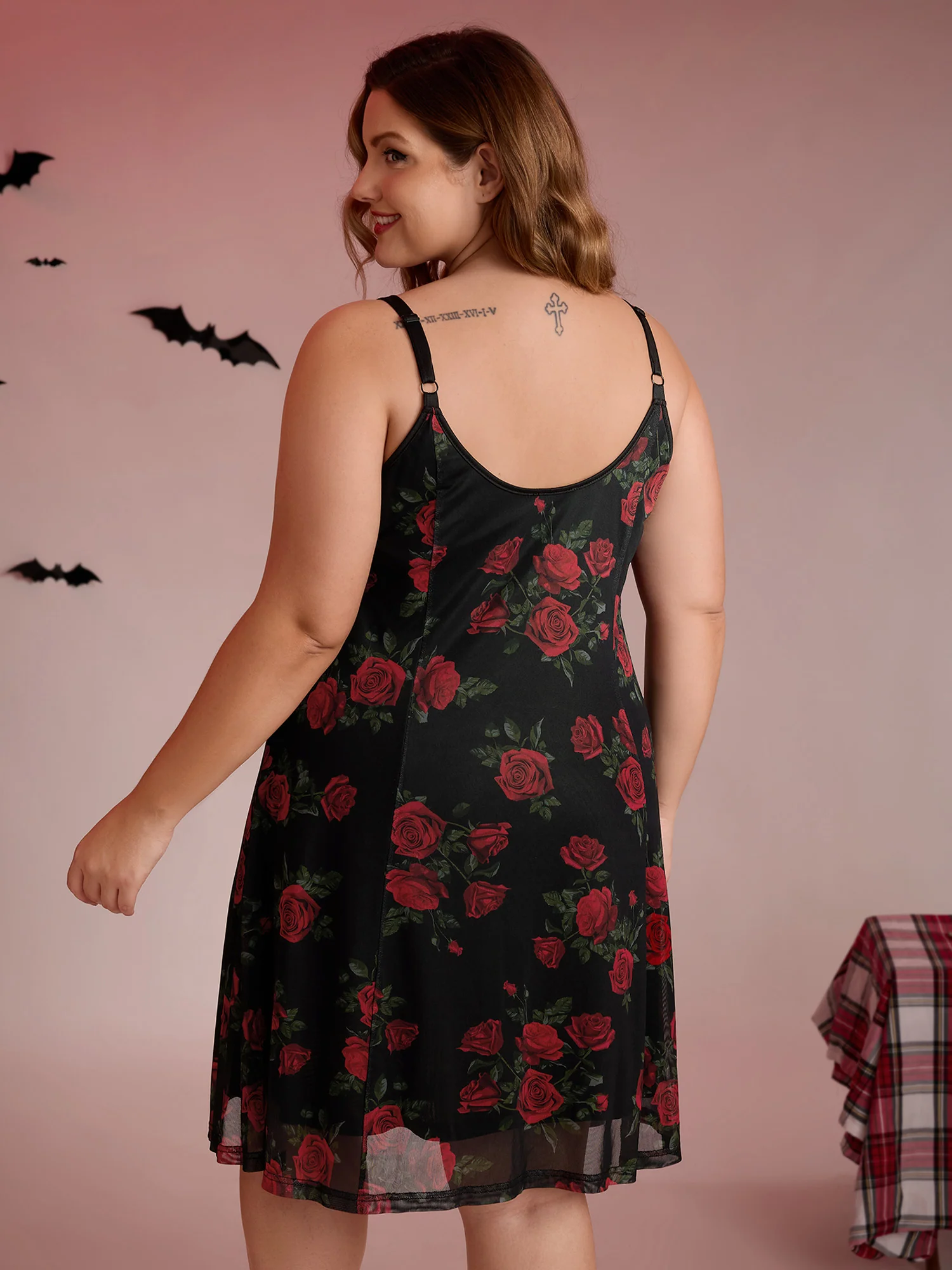 Midnight Rose Print Neck-Ties Cami Nightgown - Image 4
