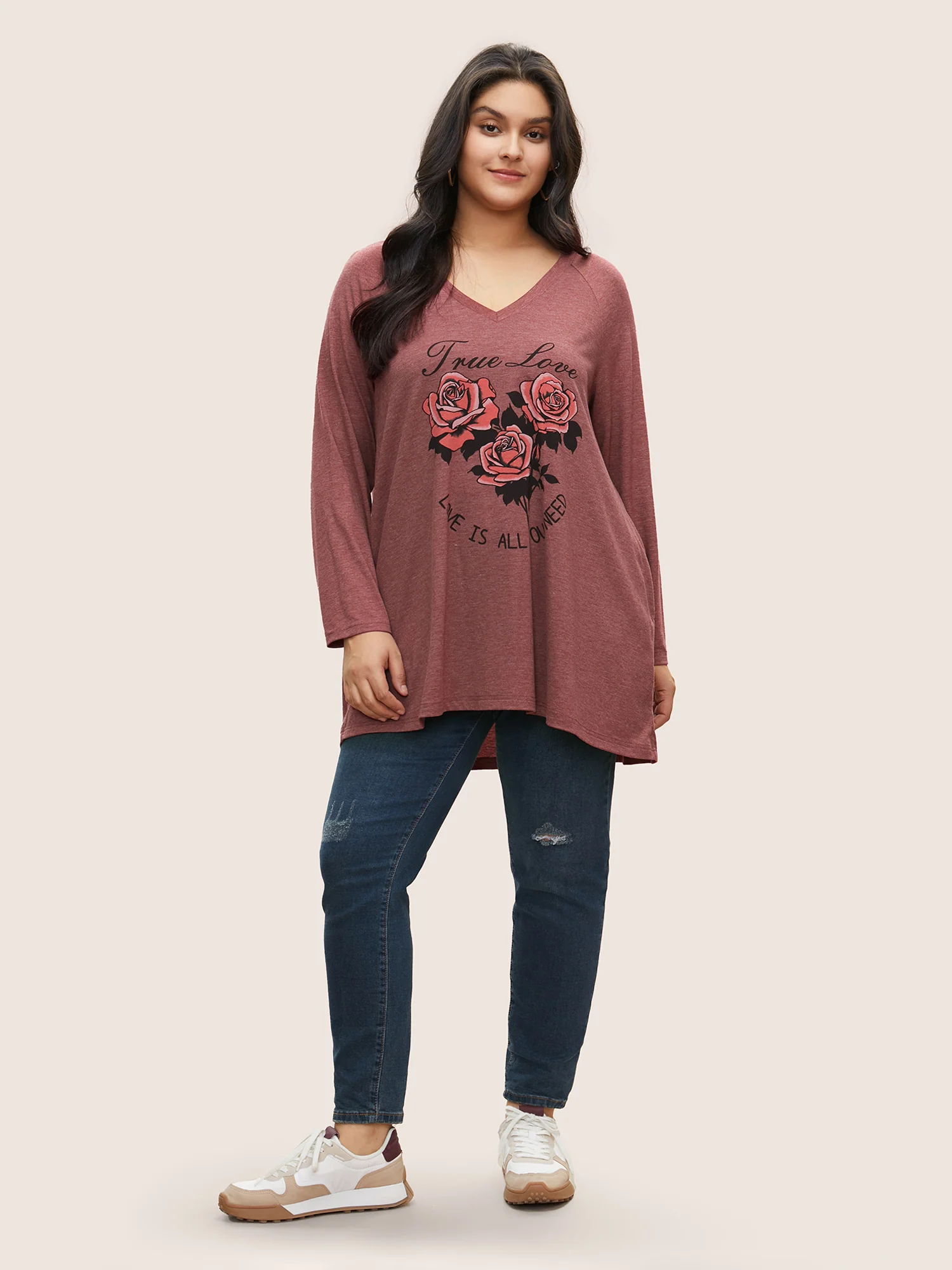 Rose Print Pocket Raglan Sleeve Tunic T-shirt - Image 3