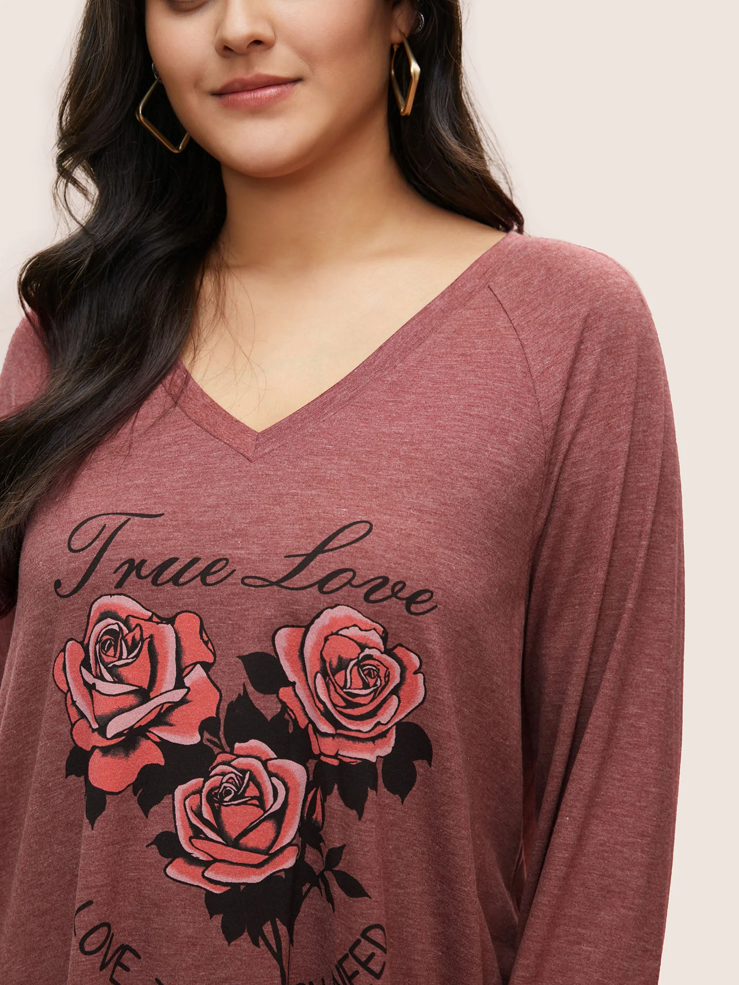 Rose Print Pocket Raglan Sleeve Tunic T-shirt - Image 4