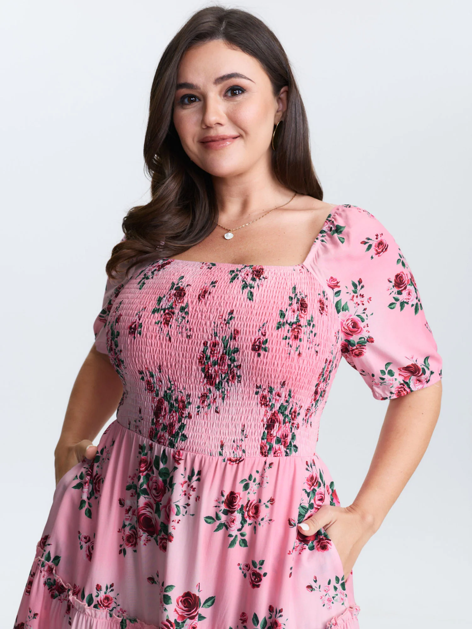 Rose Print Stretchy Waist Shirred Midi Dress - Image 2