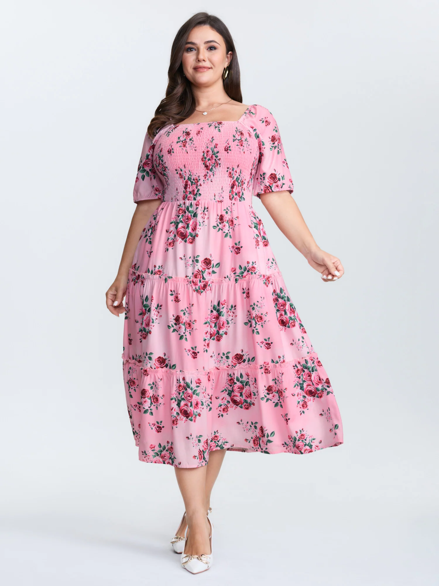 Rose Print Stretchy Waist Shirred Midi Dress - Image 3