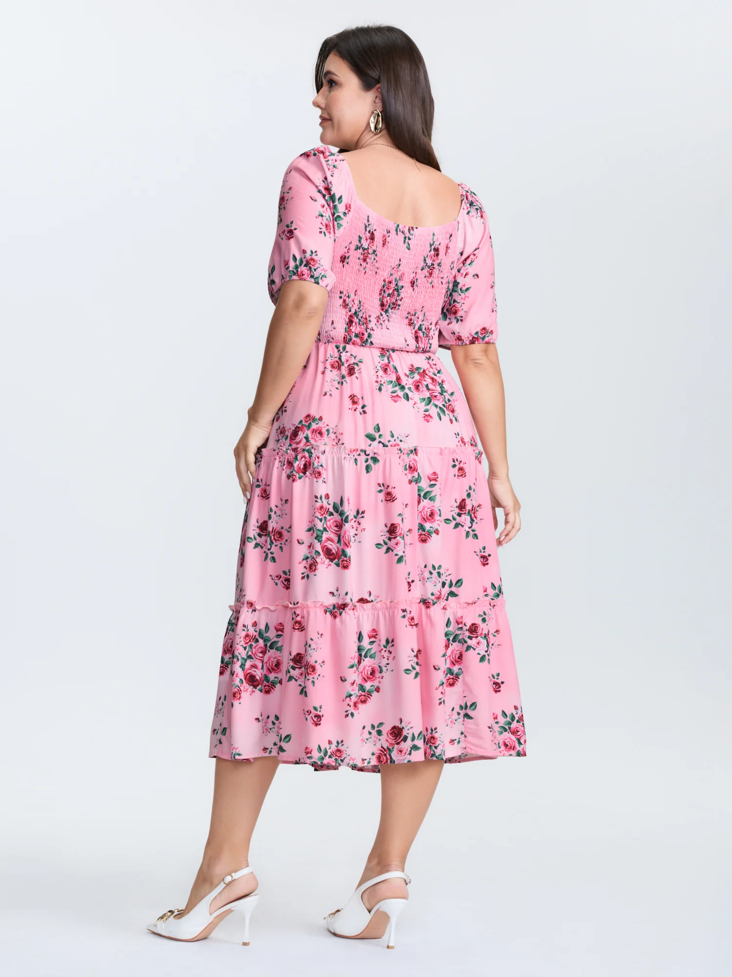 Rose Print Stretchy Waist Shirred Midi Dress - Image 4
