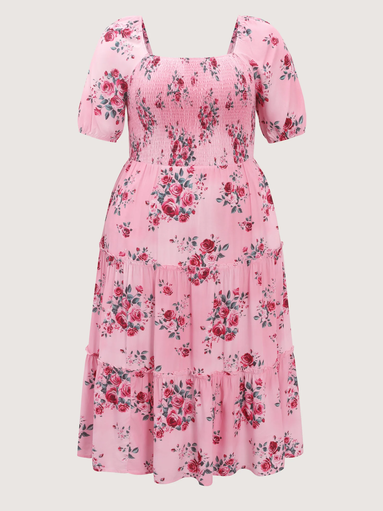 Rose Print Stretchy Waist Shirred Midi Dress - Image 7