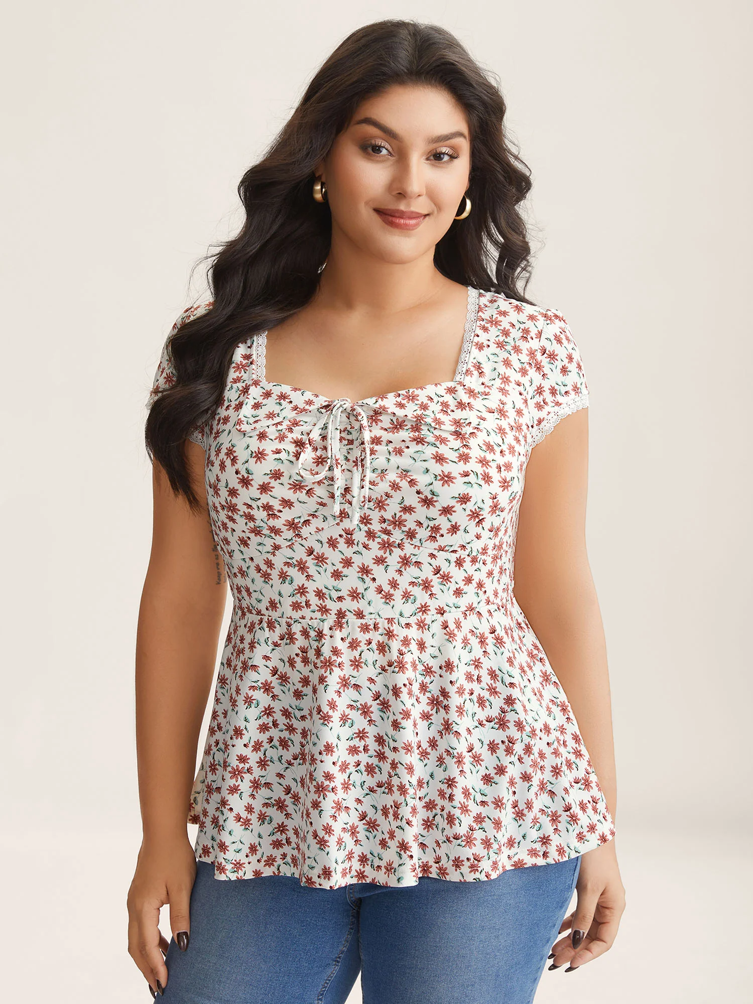 Rosy Floral Print Neck Tie Knit Top - Image 2