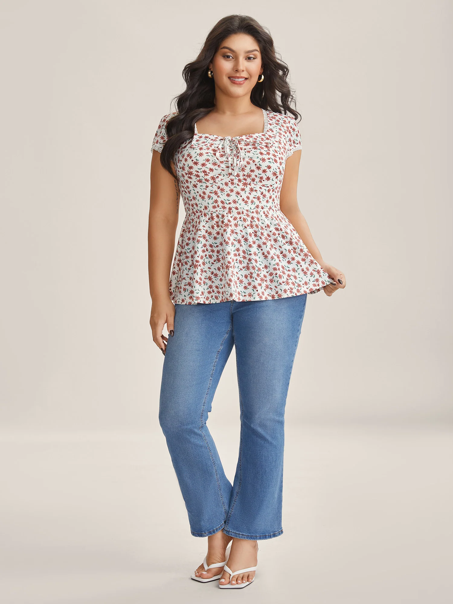 Rosy Floral Print Neck Tie Knit Top - Image 3