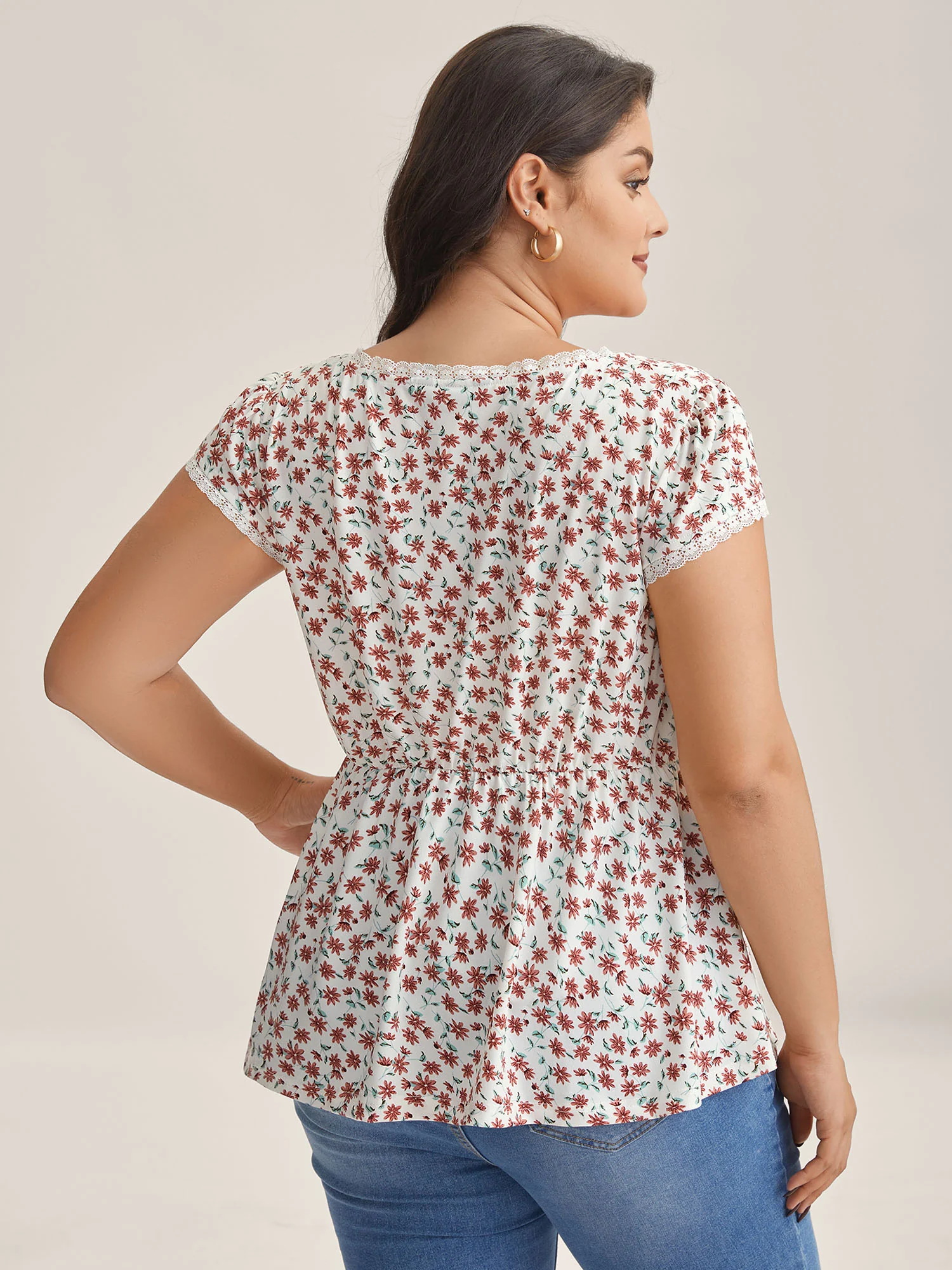 Rosy Floral Print Neck Tie Knit Top - Image 4