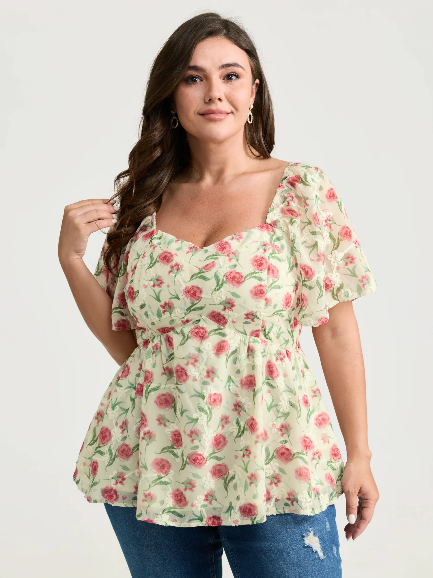 Rosy Floral Print Sweetheart Neckline Shirred Blouse - Image 2