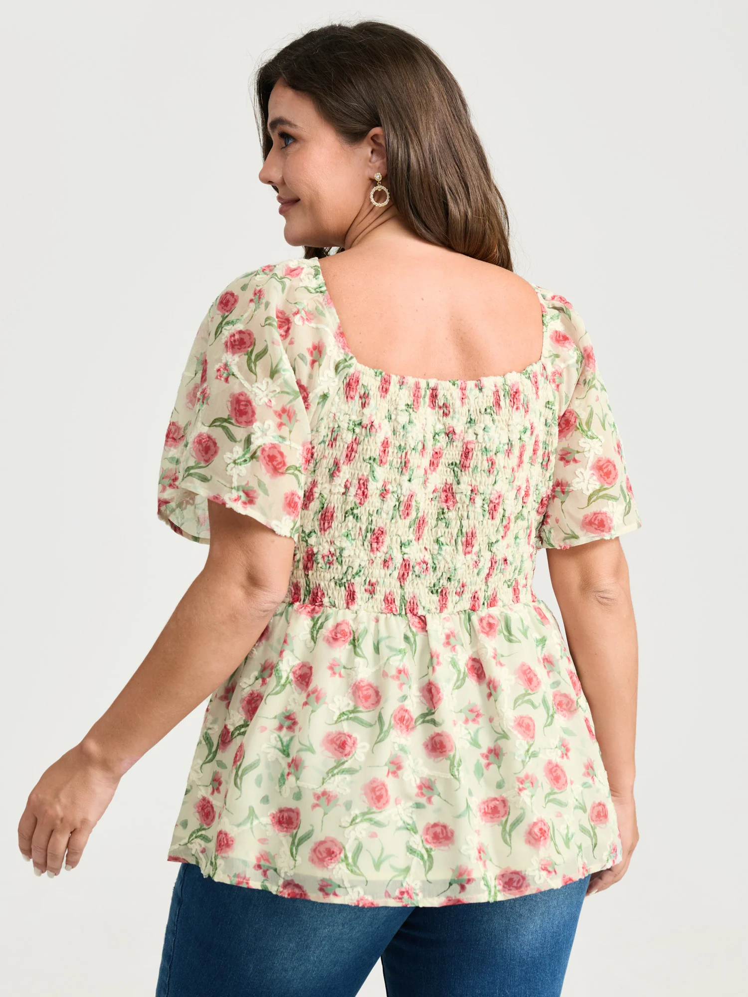 Rosy Floral Print Sweetheart Neckline Shirred Blouse - Image 4