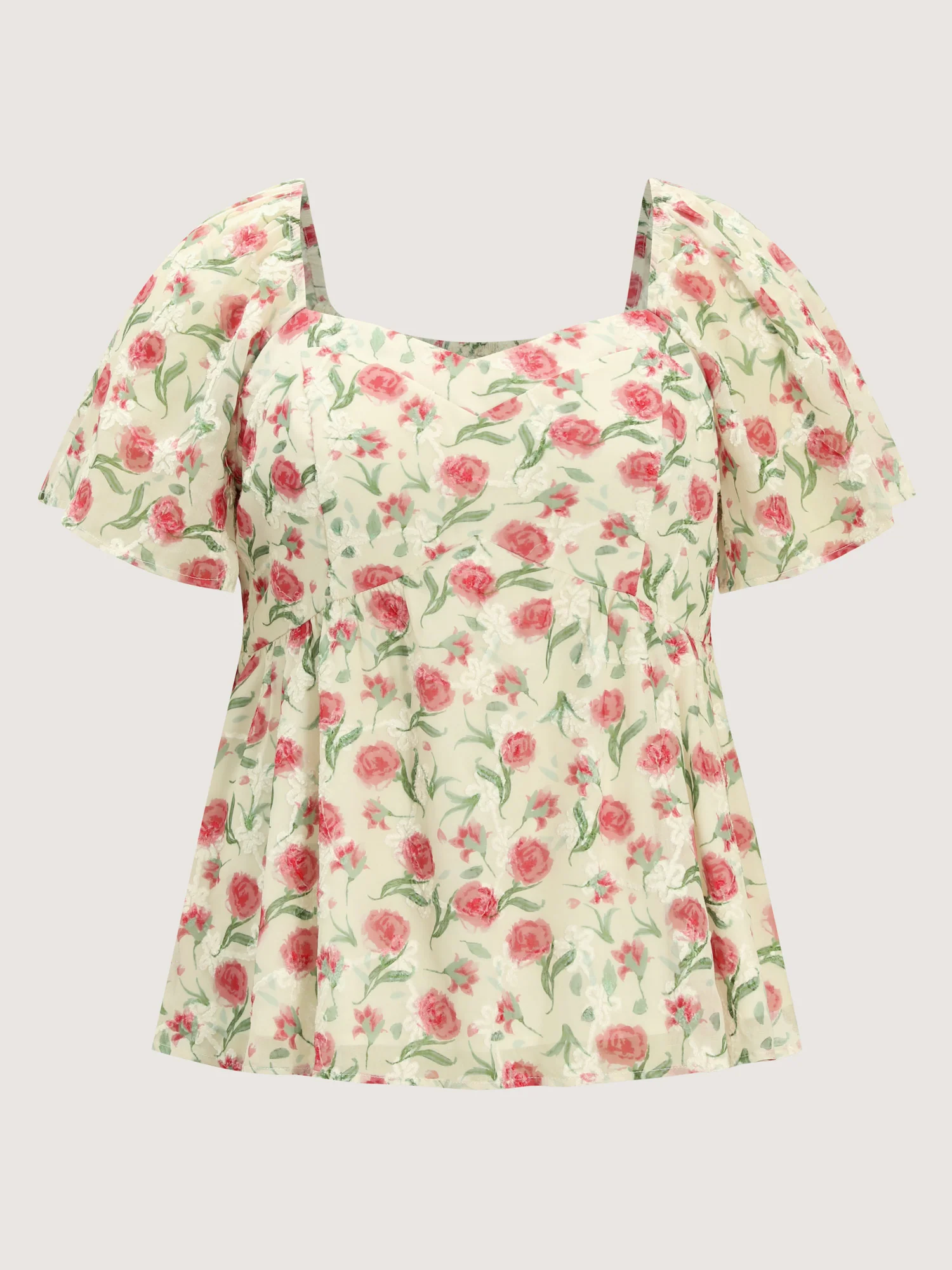 Rosy Floral Print Sweetheart Neckline Shirred Blouse - Image 7