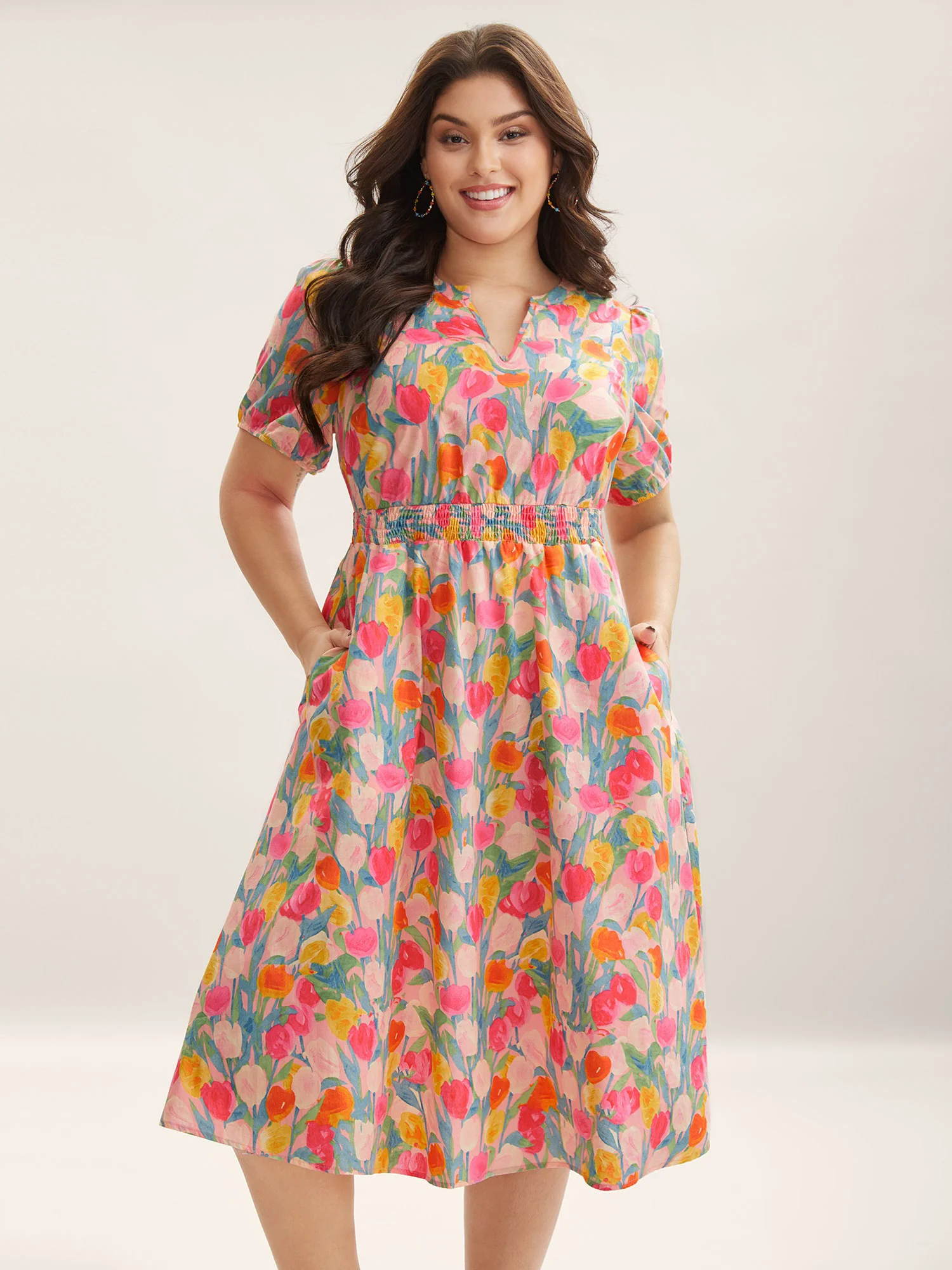 Cotton Rosy Garden Shirred Waist Pockets Midi Dress - Image 2
