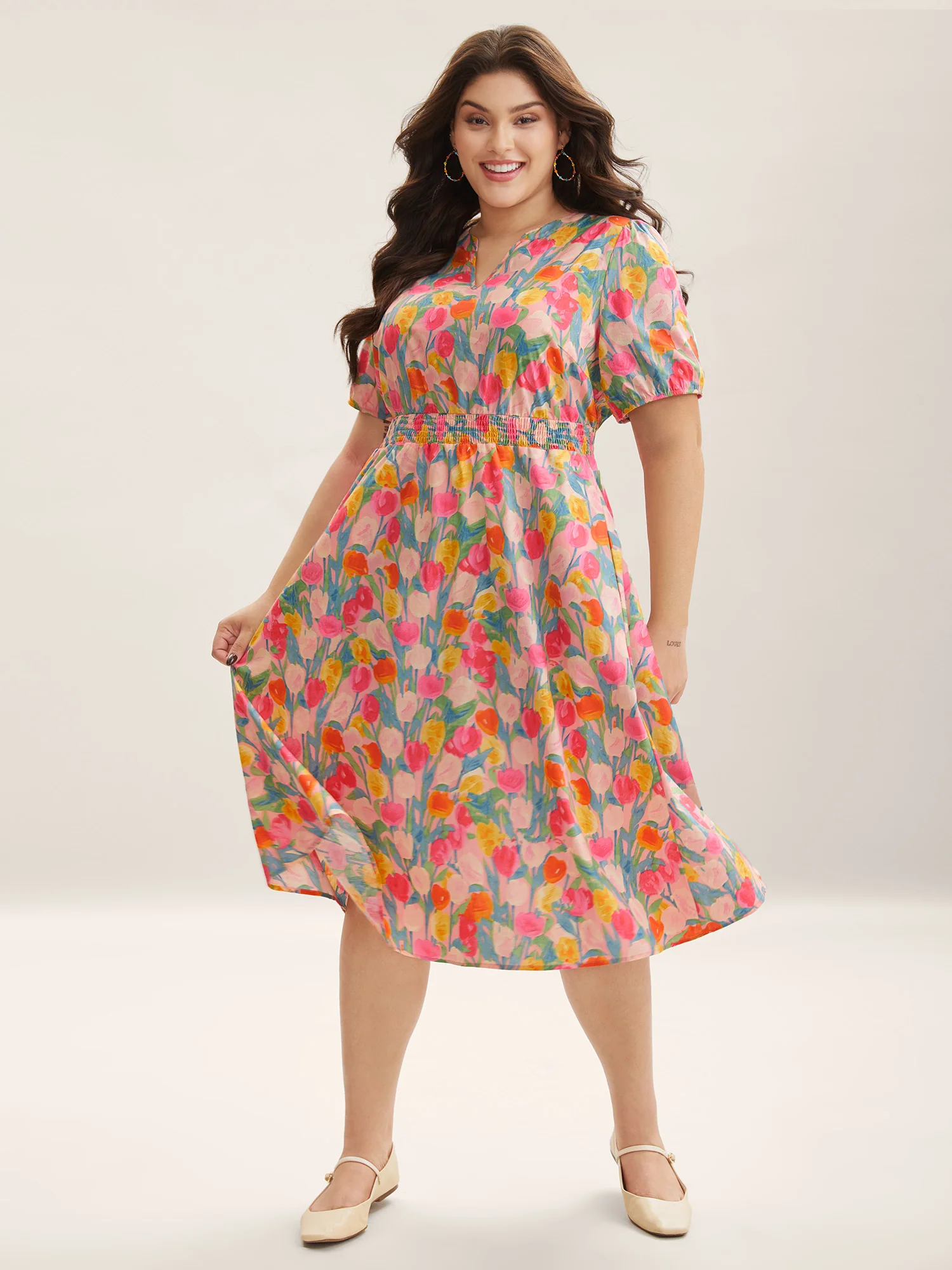 Cotton Rosy Garden Shirred Waist Pockets Midi Dress - Image 4