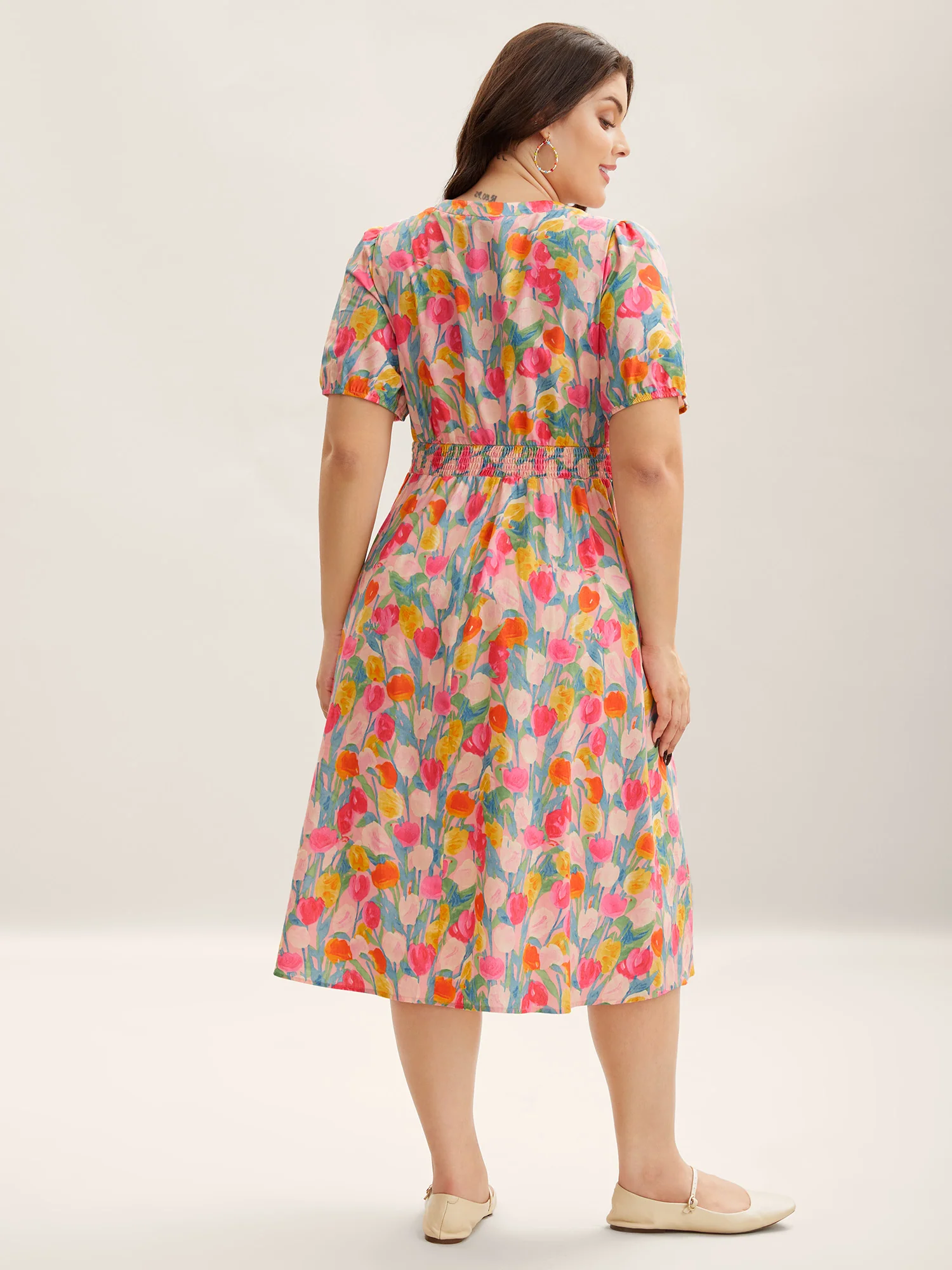 Cotton Rosy Garden Shirred Waist Pockets Midi Dress - Image 5
