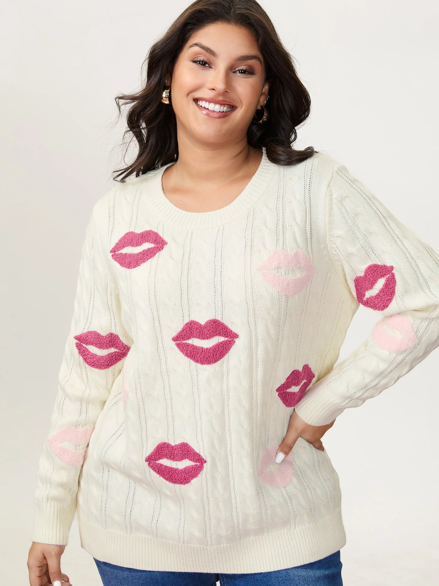 Rosy Lips Embroidery Braided Texture Pullover - Image 3