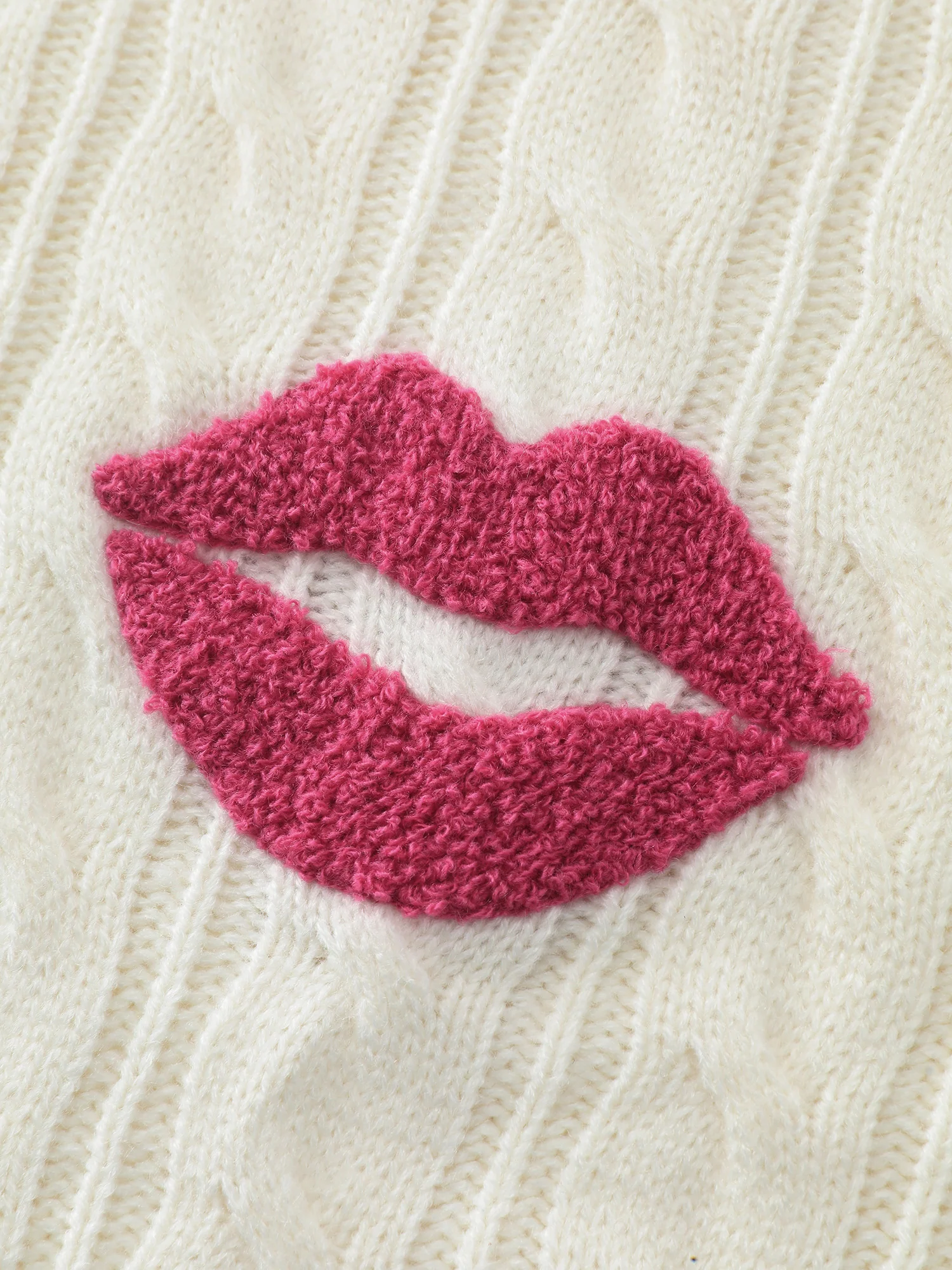 Rosy Lips Embroidery Braided Texture Pullover - Image 5