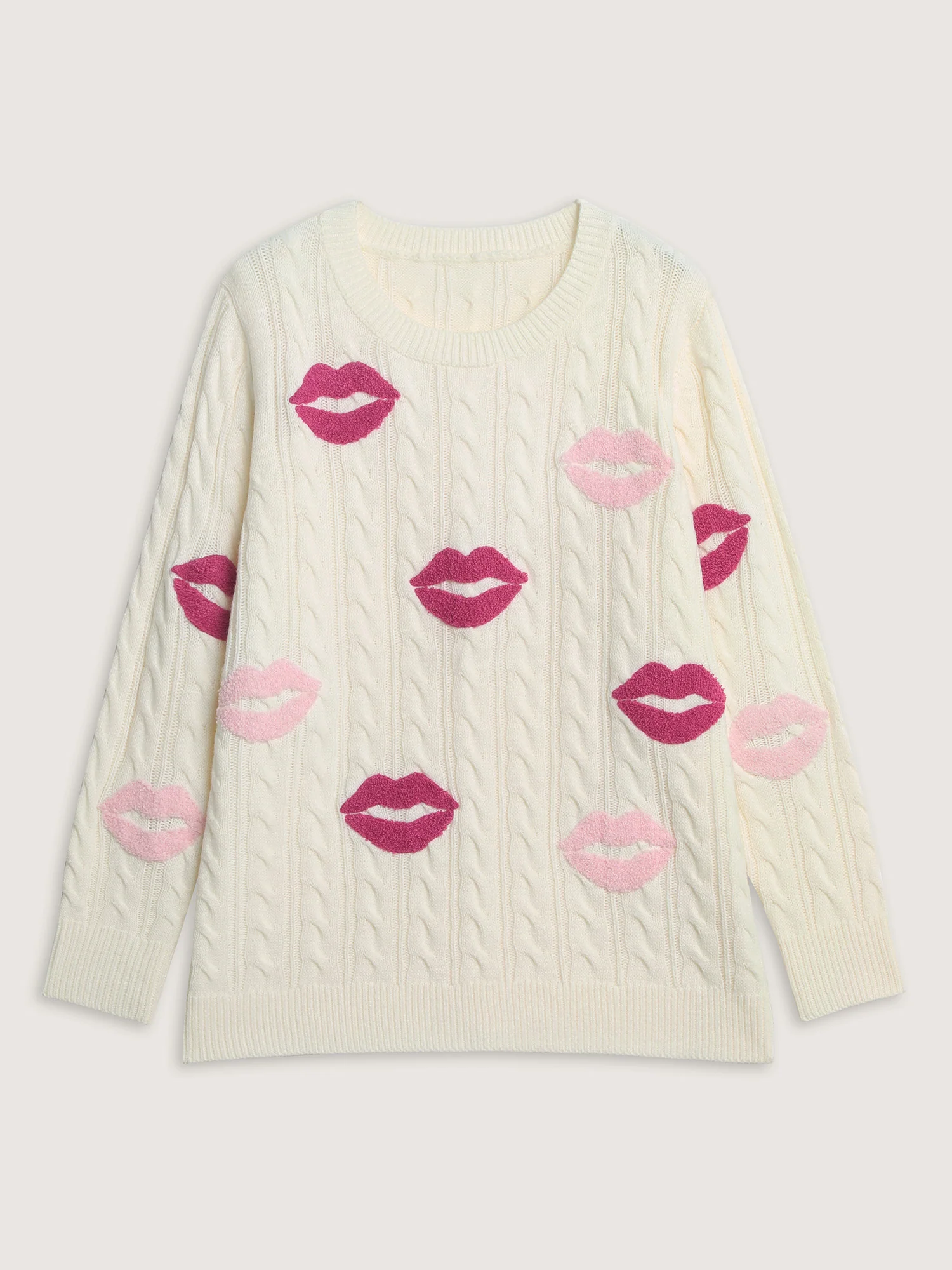 Rosy Lips Embroidery Braided Texture Pullover - Image 7