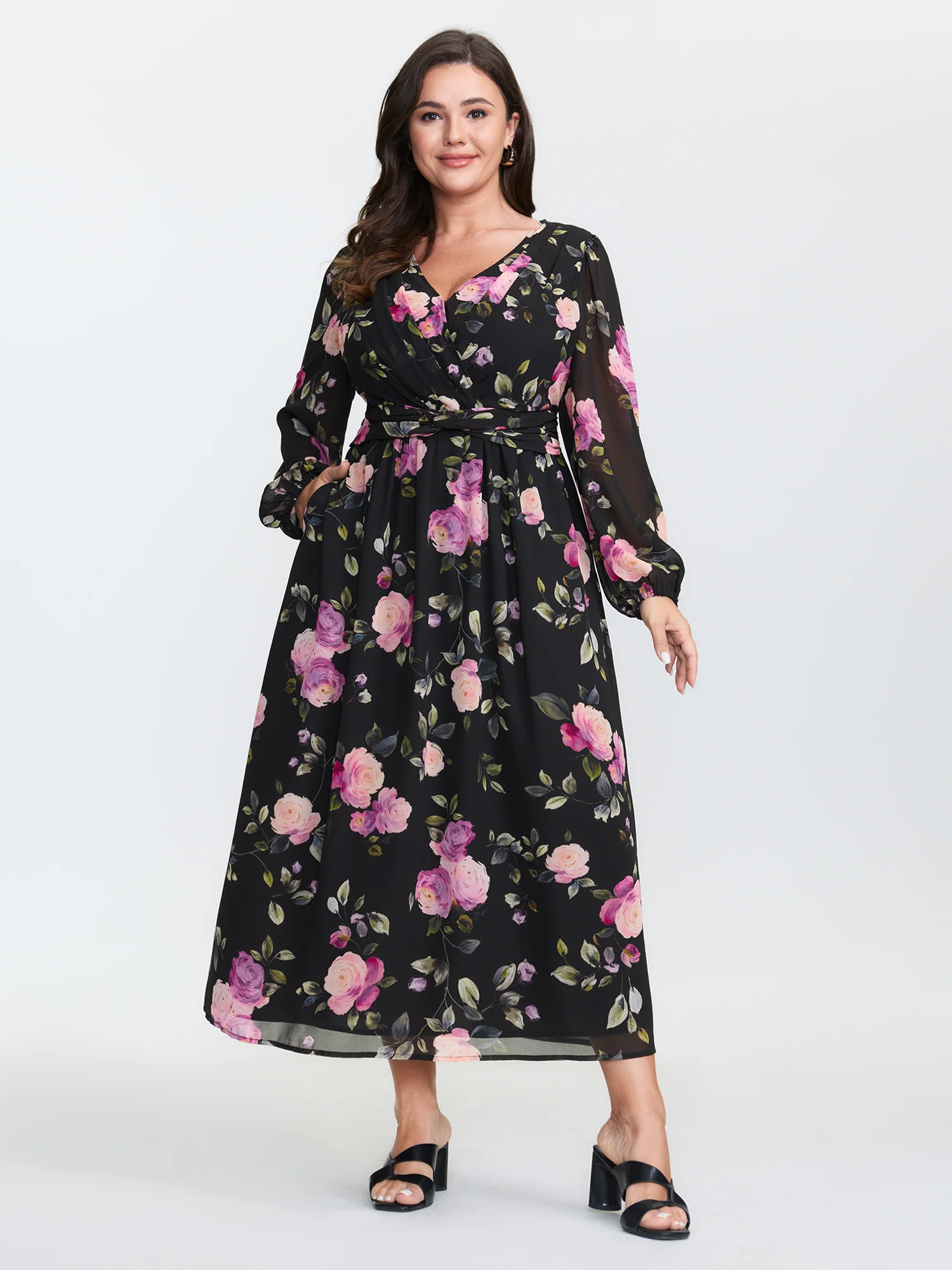 Rosy Pattern Pleated Waist Maxi Dress