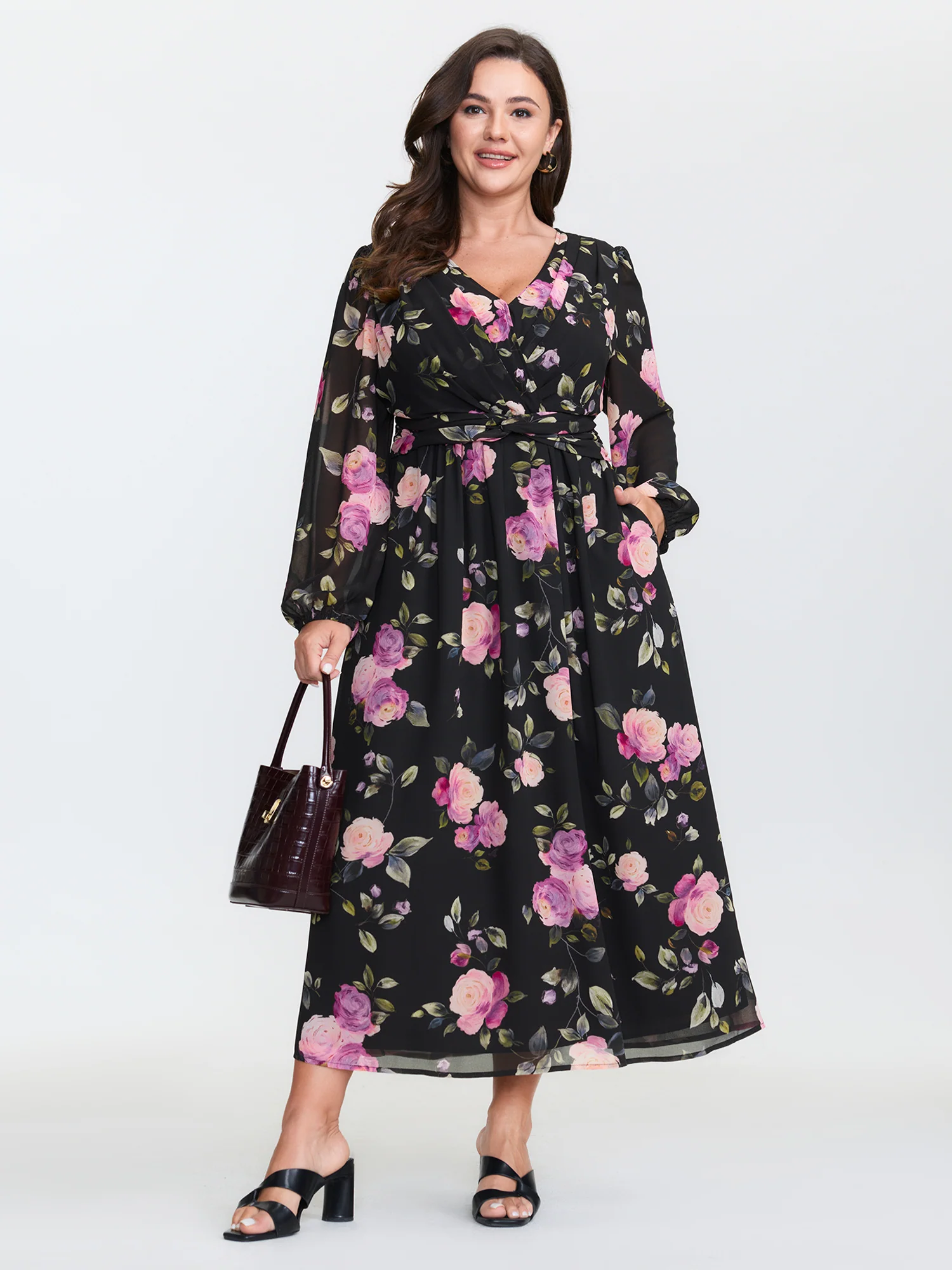 Rosy Pattern Pleated Waist Maxi Dress - Image 3