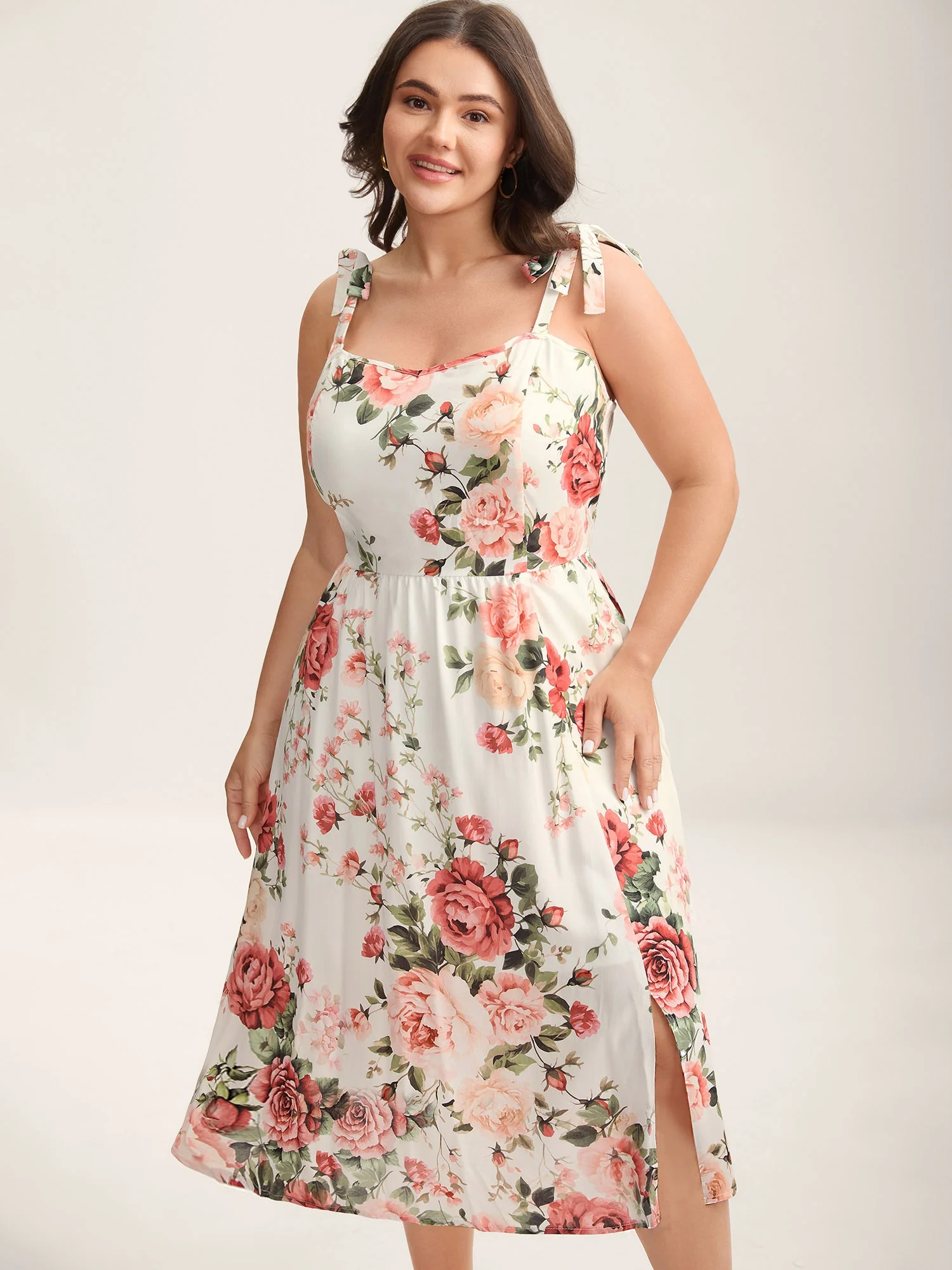 Rosy Print Bow Strap Pockets Midi Dress - Image 3