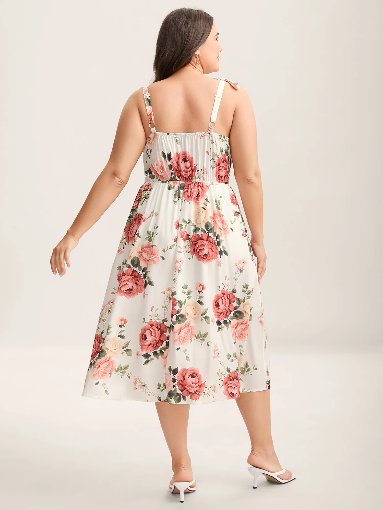 Rosy Print Bow Strap Pockets Midi Dress - Image 4