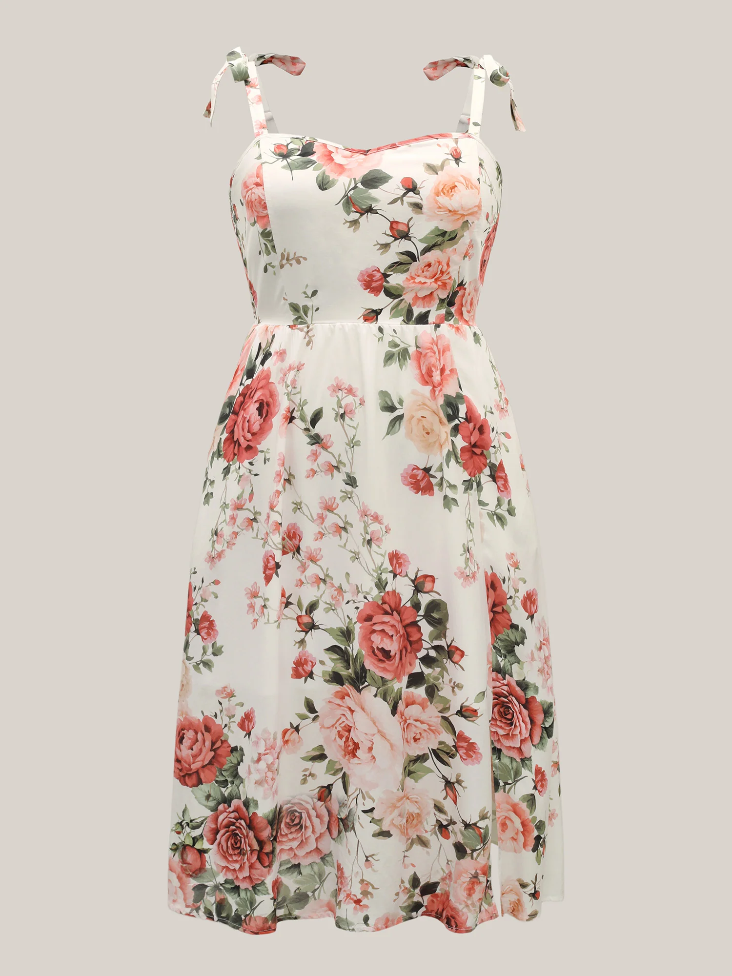 Rosy Print Bow Strap Pockets Midi Dress - Image 7