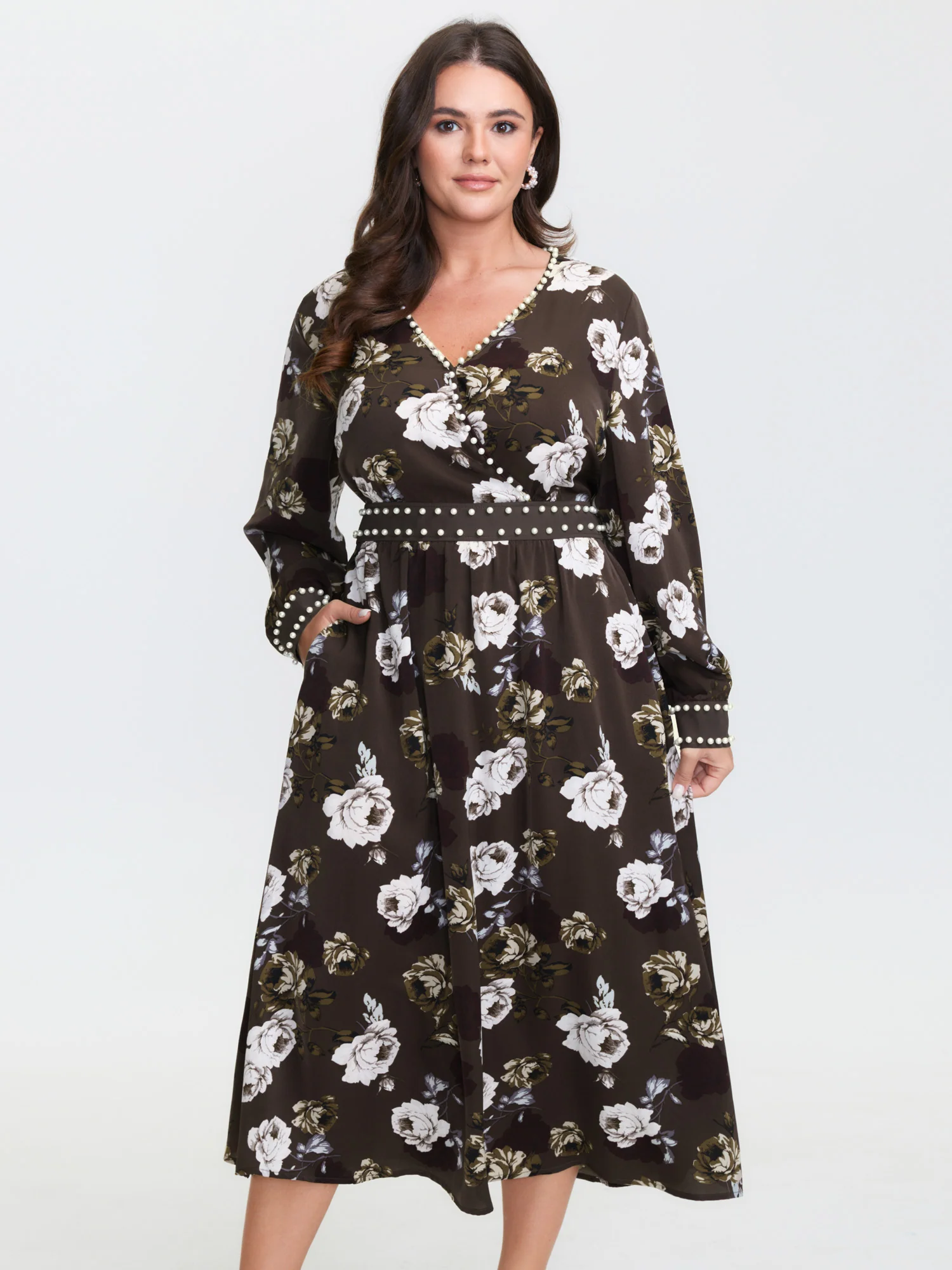 Rosy Print Pearl Detail Cinched-Waist Midi Dress - Image 3