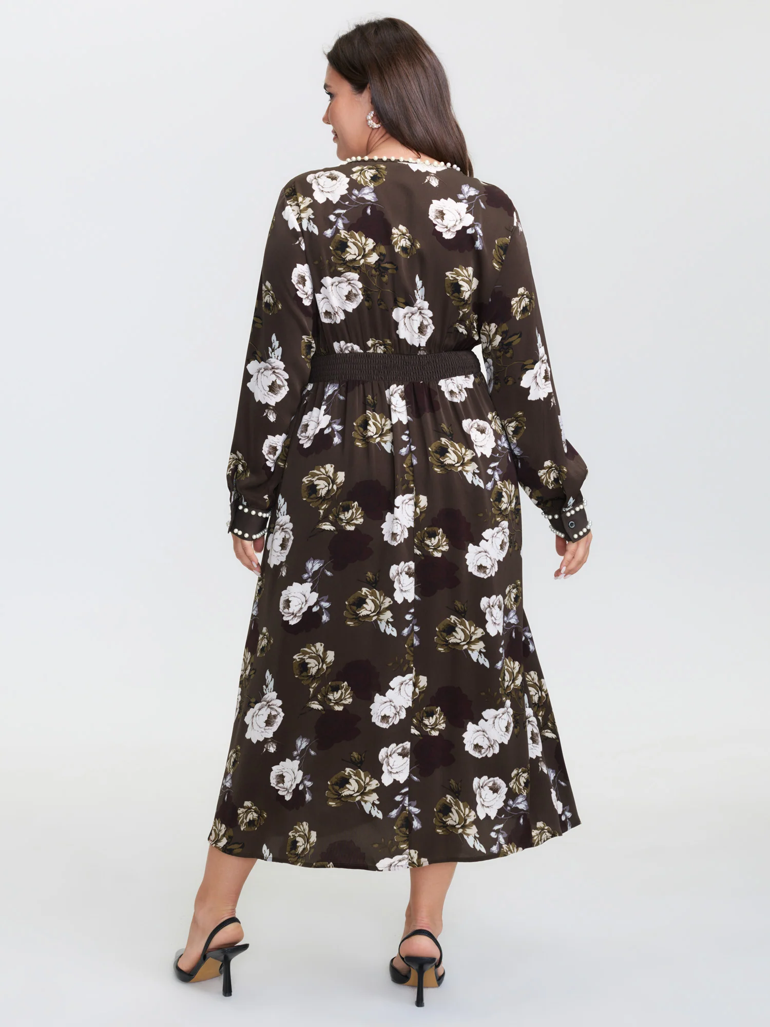 Rosy Print Pearl Detail Cinched-Waist Midi Dress - Image 4