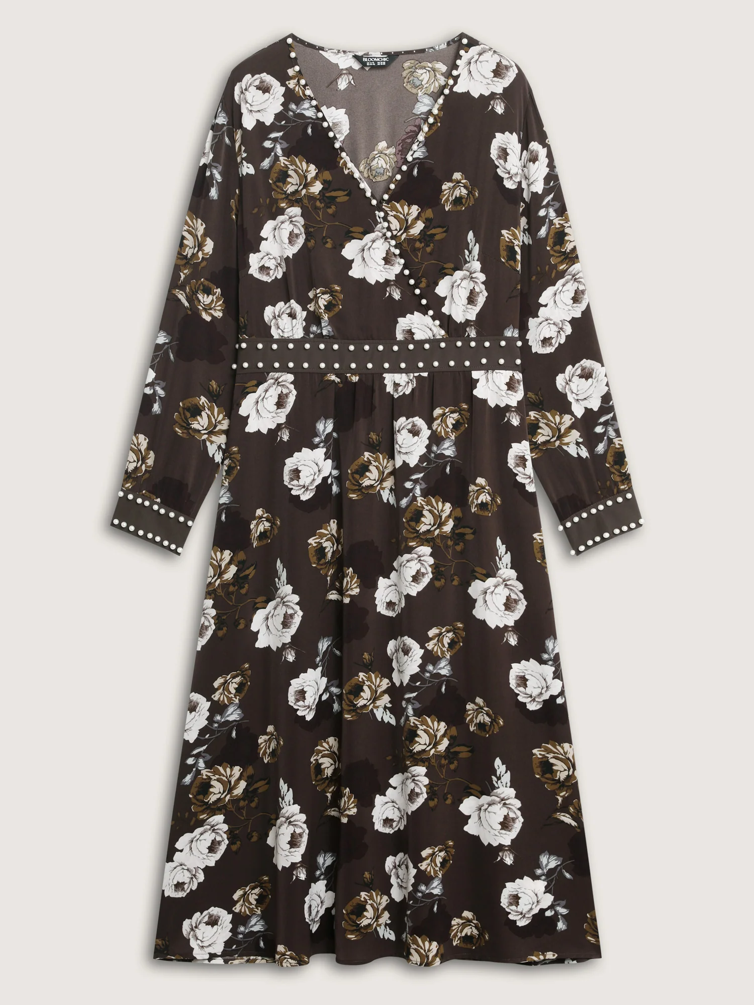 Rosy Print Pearl Detail Cinched-Waist Midi Dress - Image 5