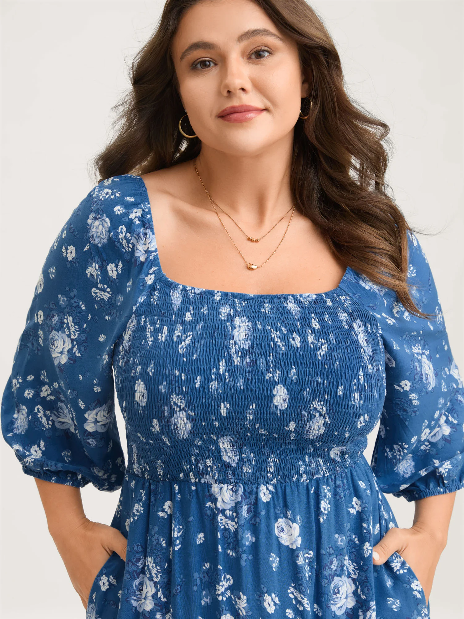 Rosy Print Shirred Bust Pockets Midi Dress - Image 2